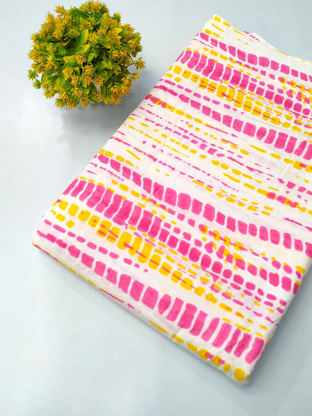 Pink and Yellow Abstract Screen Print Pure Cotton Fabric From Tulsi Prints