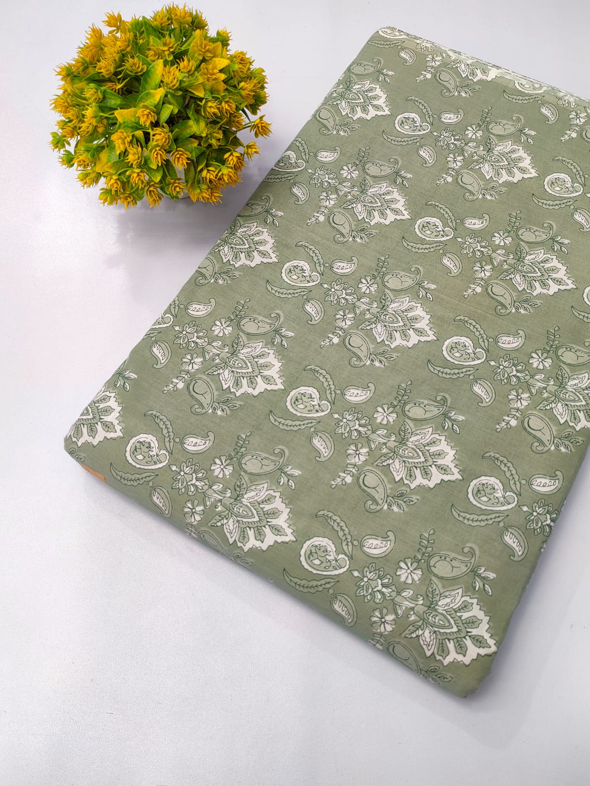 Sage Green Paisley Screen Print Pure Cotton Fabric From Tulsi Prints