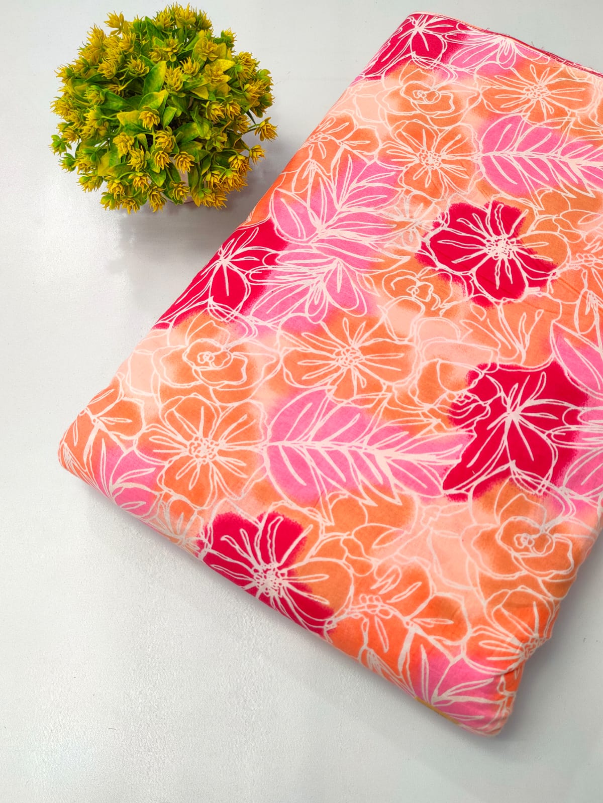 Coral Pink Floral Screen Print Pure Cotton Fabric From Tulsi Prints