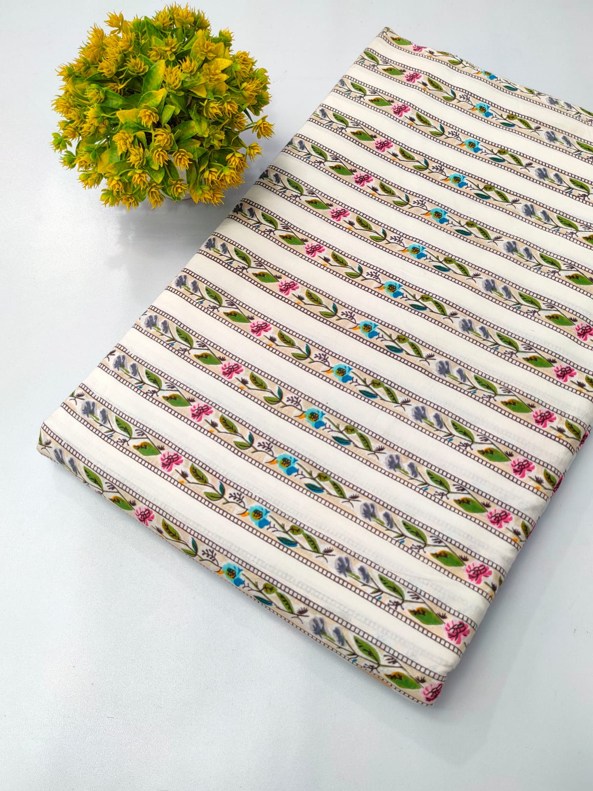 Cream Floral Stripe Screen Print Pure Cotton Fabric From Tulsi Prints
