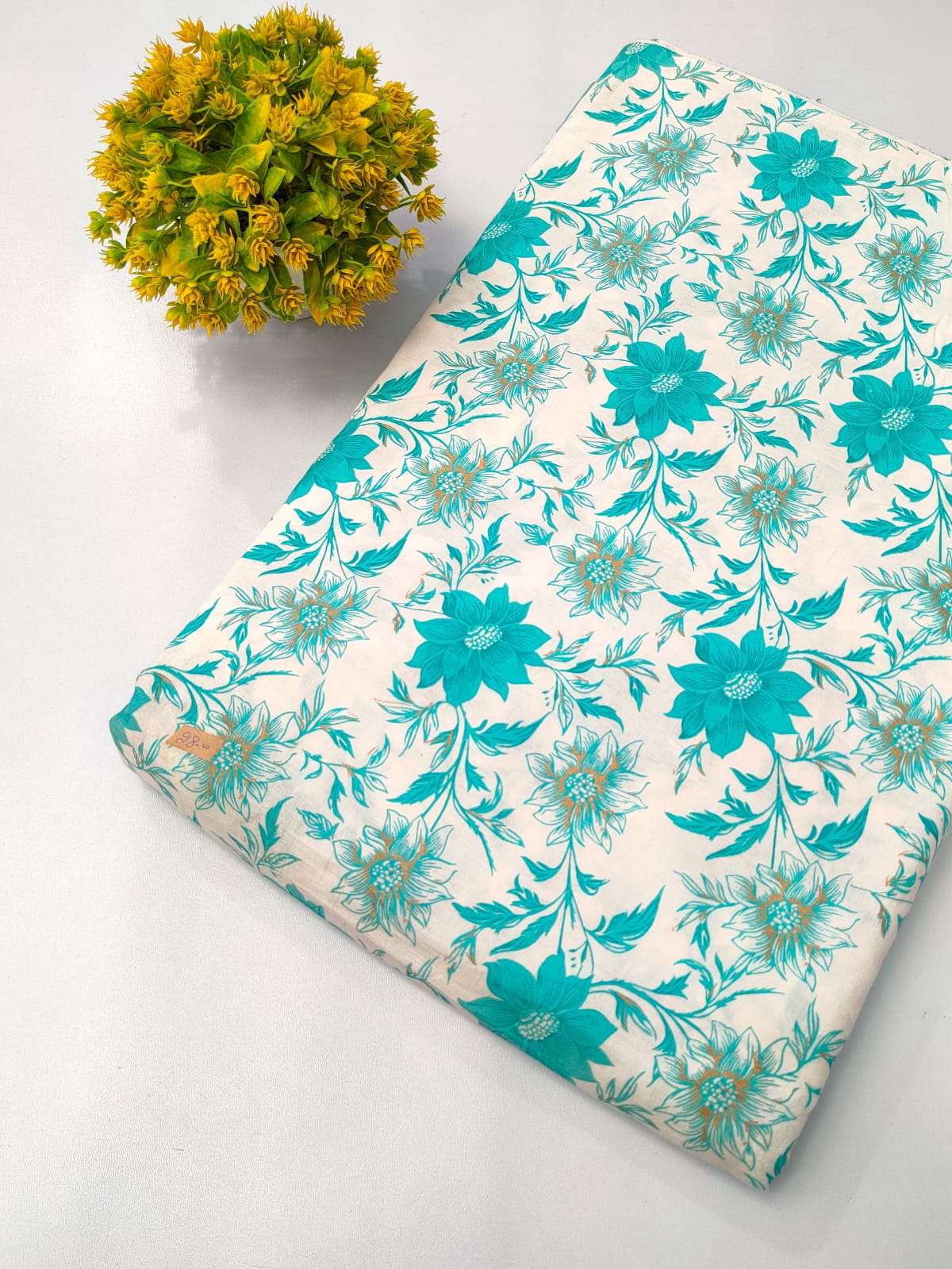 Turquoise Floral Screen Print Pure Cotton Fabric From Tulsi Prints