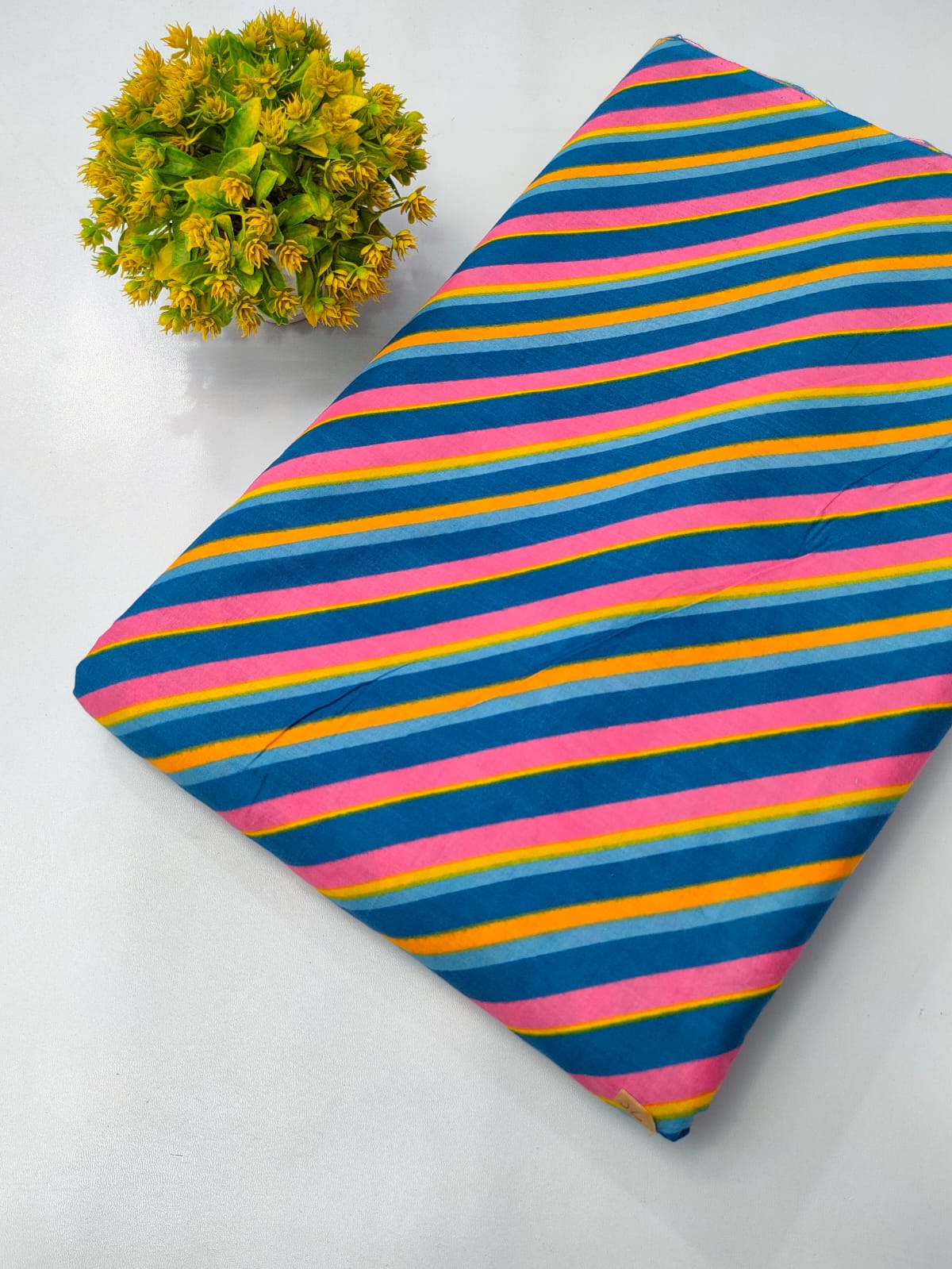 Blue and Pink Wavy Stripe Screen Print Pure Cotton Fabric From Tulsi Prints