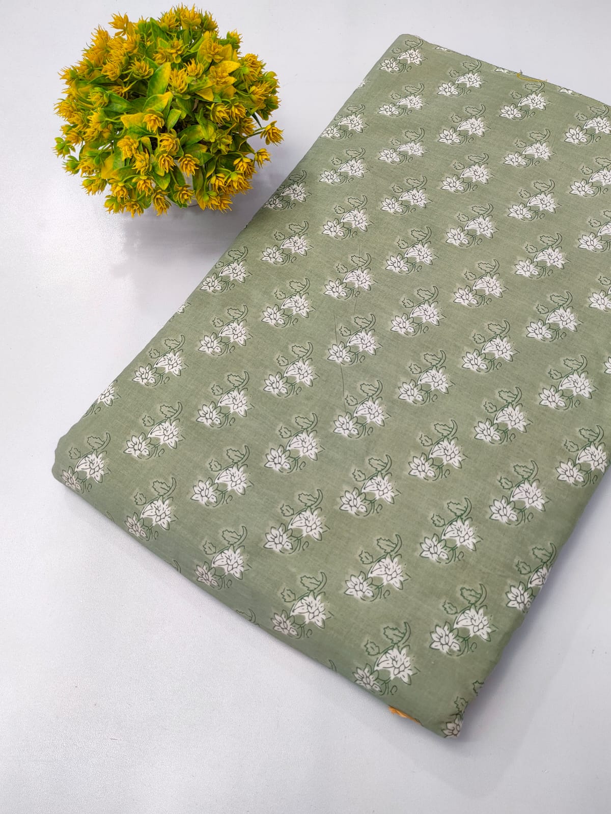 Olive Green Floral Screen Print Pure Cotton Fabric From Tulsi Prints