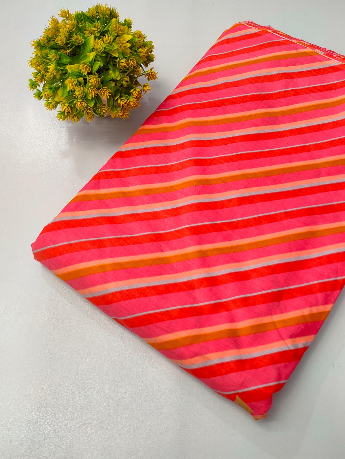 Pink and Orange Striped Screen Print Pure Cotton Fabric From Tulsi Prints