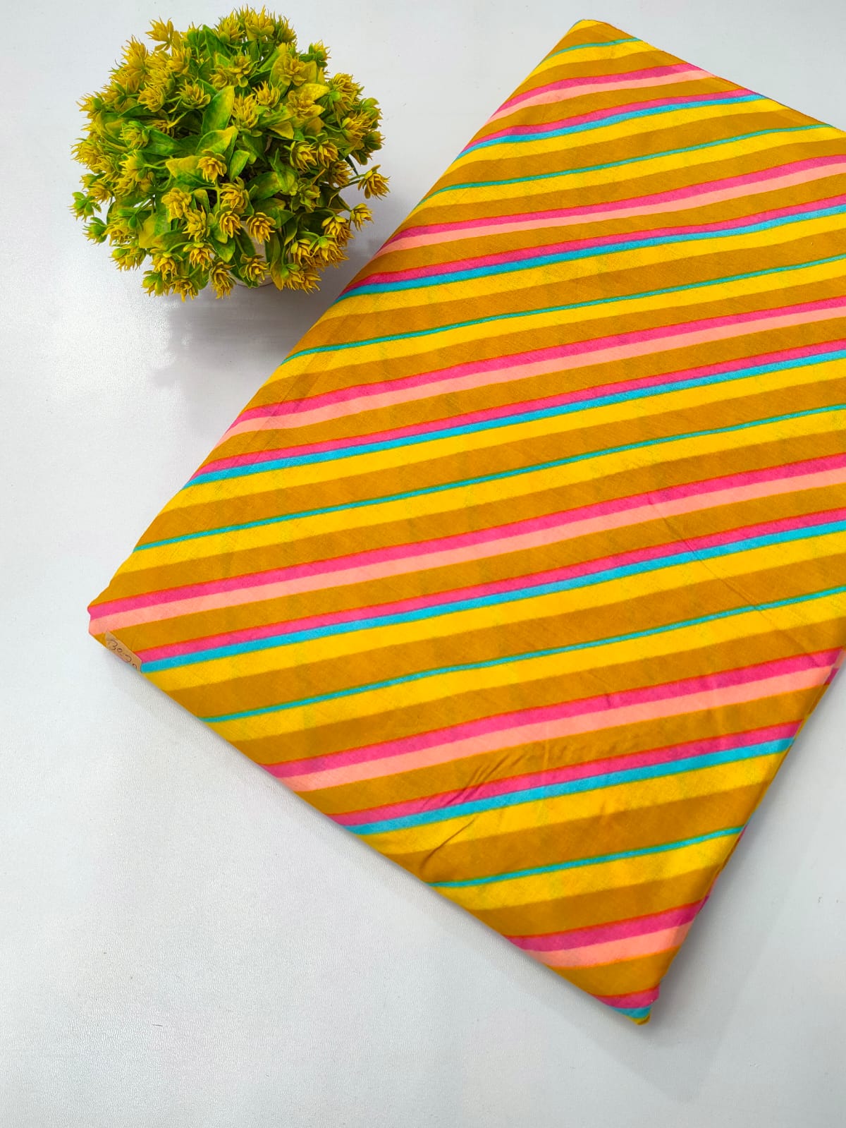 Yellow and Pink Striped Screen Print Pure Cotton Fabric From Tulsi Prints