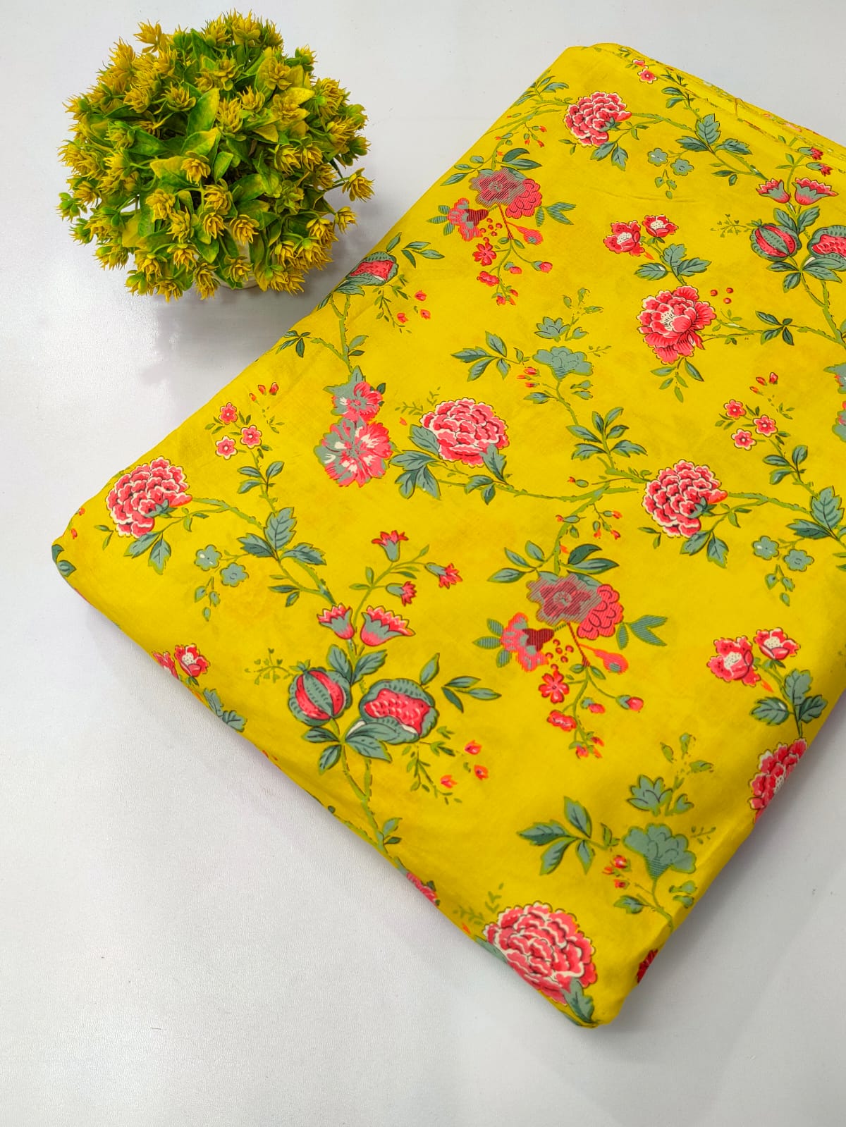 Yellow Floral Screen Print Pure Cotton Fabric From Tulsi Prints