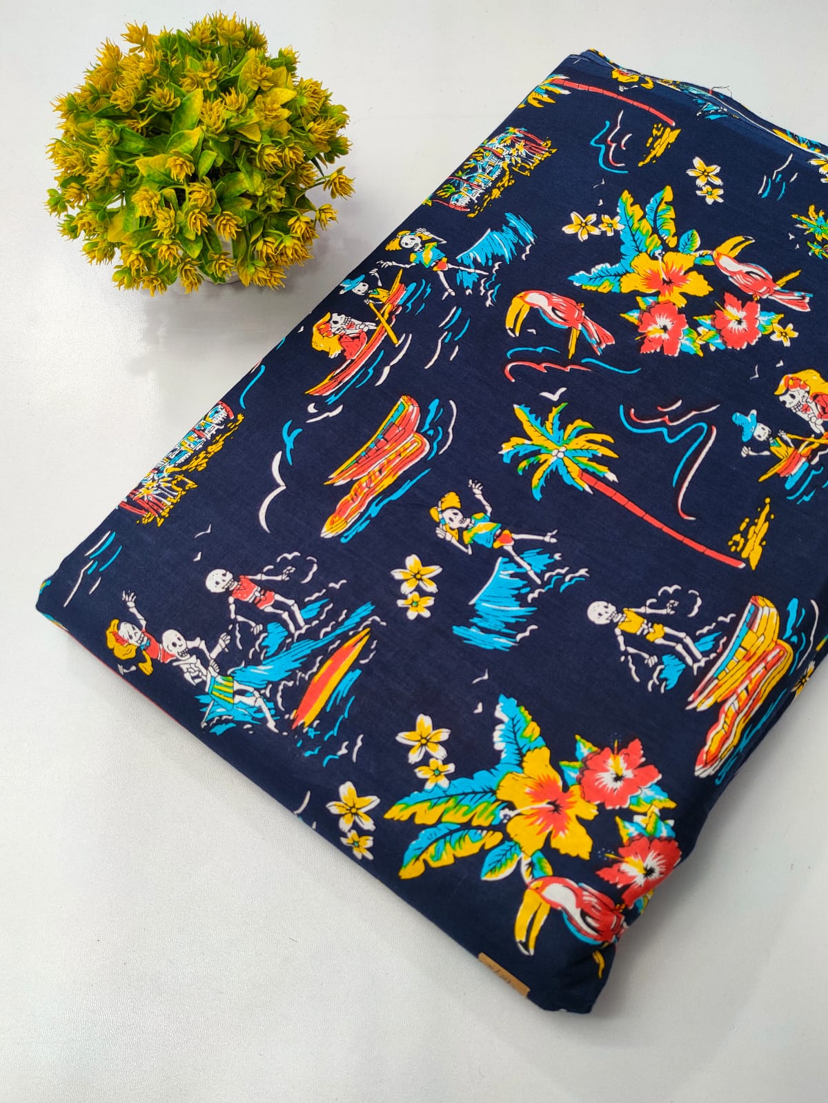 Navy Blue Tropical Scene Screen Print Pure Cotton Fabric From Tulsi Prints