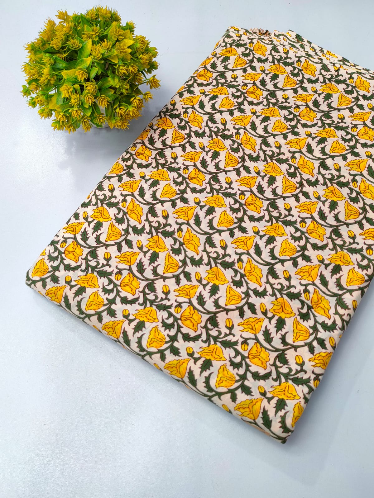 Yellow Floral Screen Print Pure Cotton Fabric From Tulsi Prints