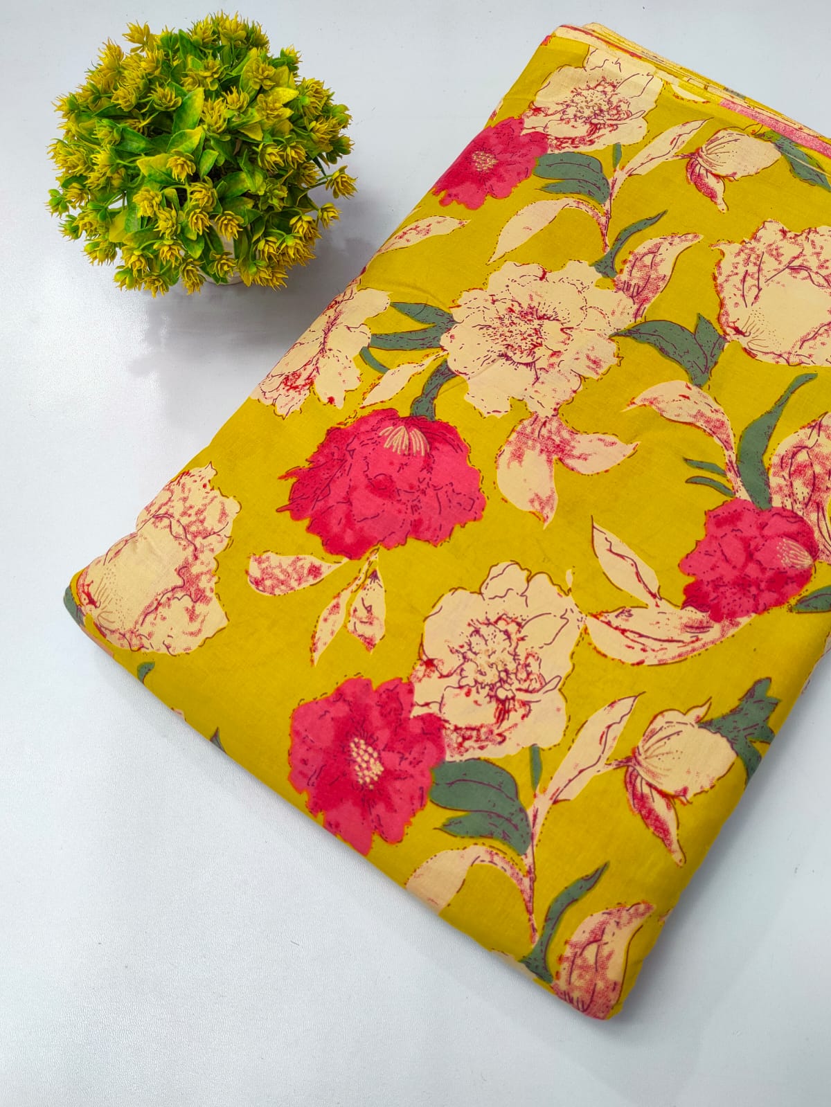 Yellow Floral Screen Print Pure Cotton Fabric From Tulsi Prints
