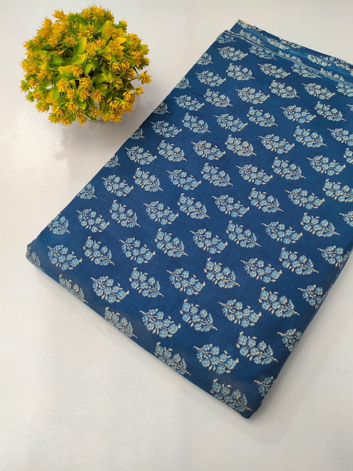 Navy Blue Floral Boota Screen Print Pure Cotton Fabric From Tulsi Prints