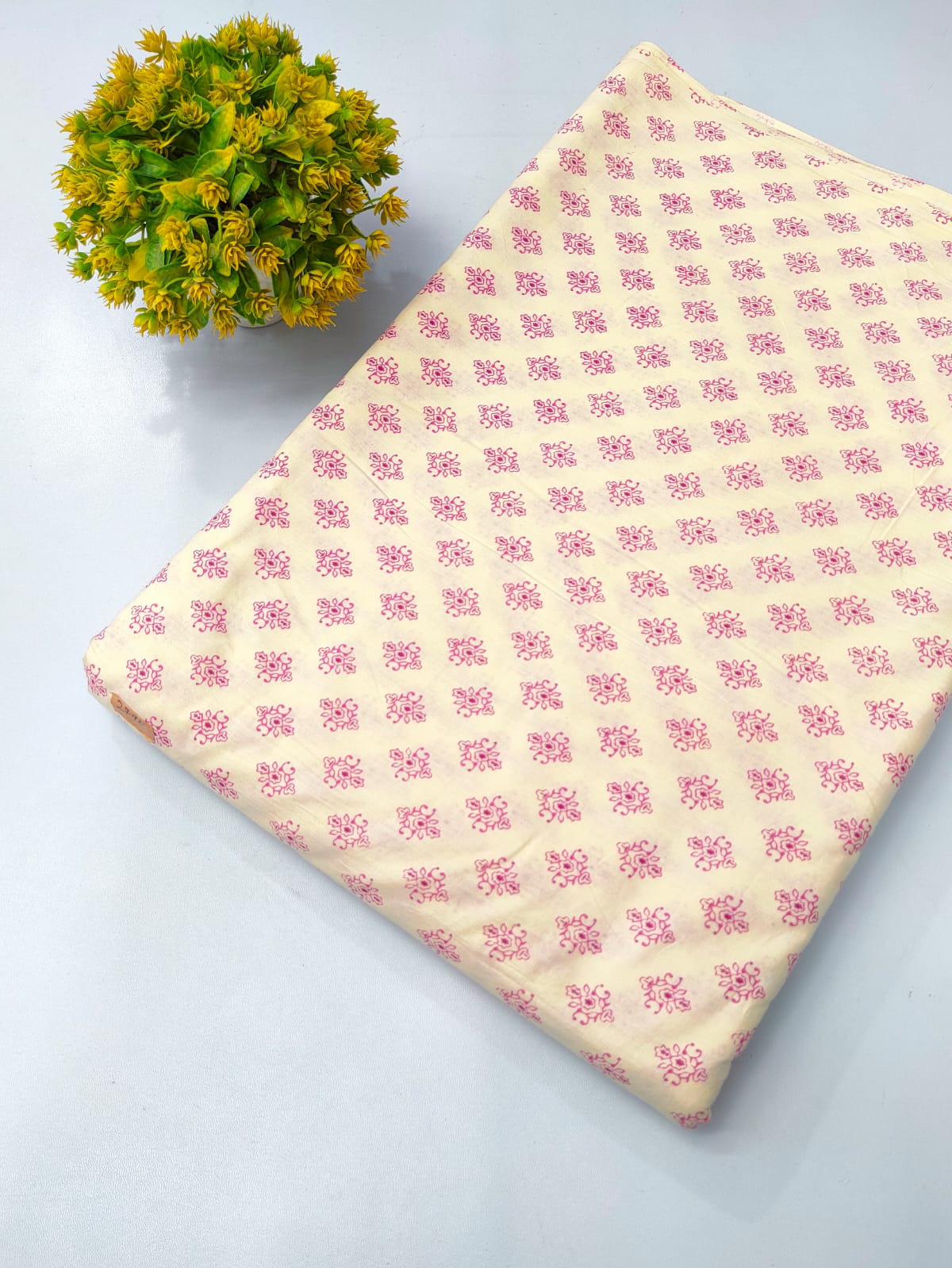 Cream Pink Floral Screen Print Pure Cotton Fabric From Tulsi Prints