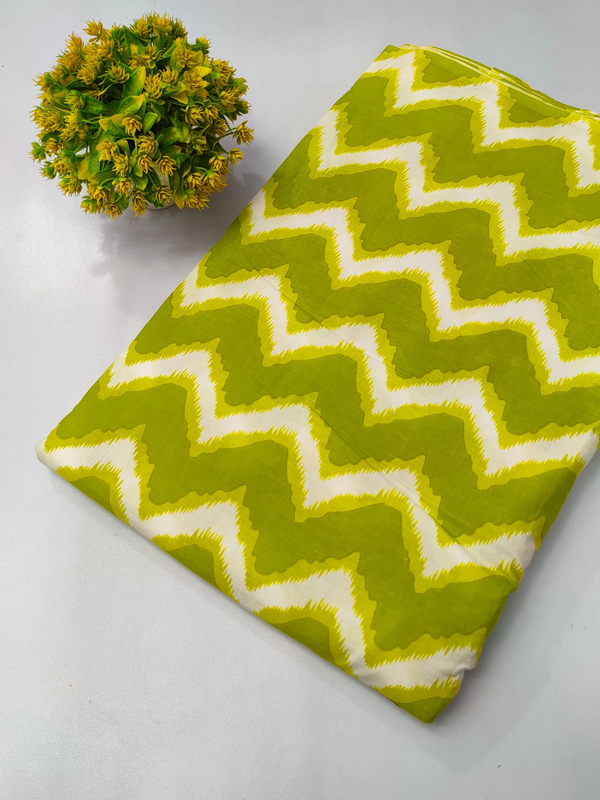 Lime Green Zigzag Screen Print Pure Cotton Fabric From Tulsi Prints