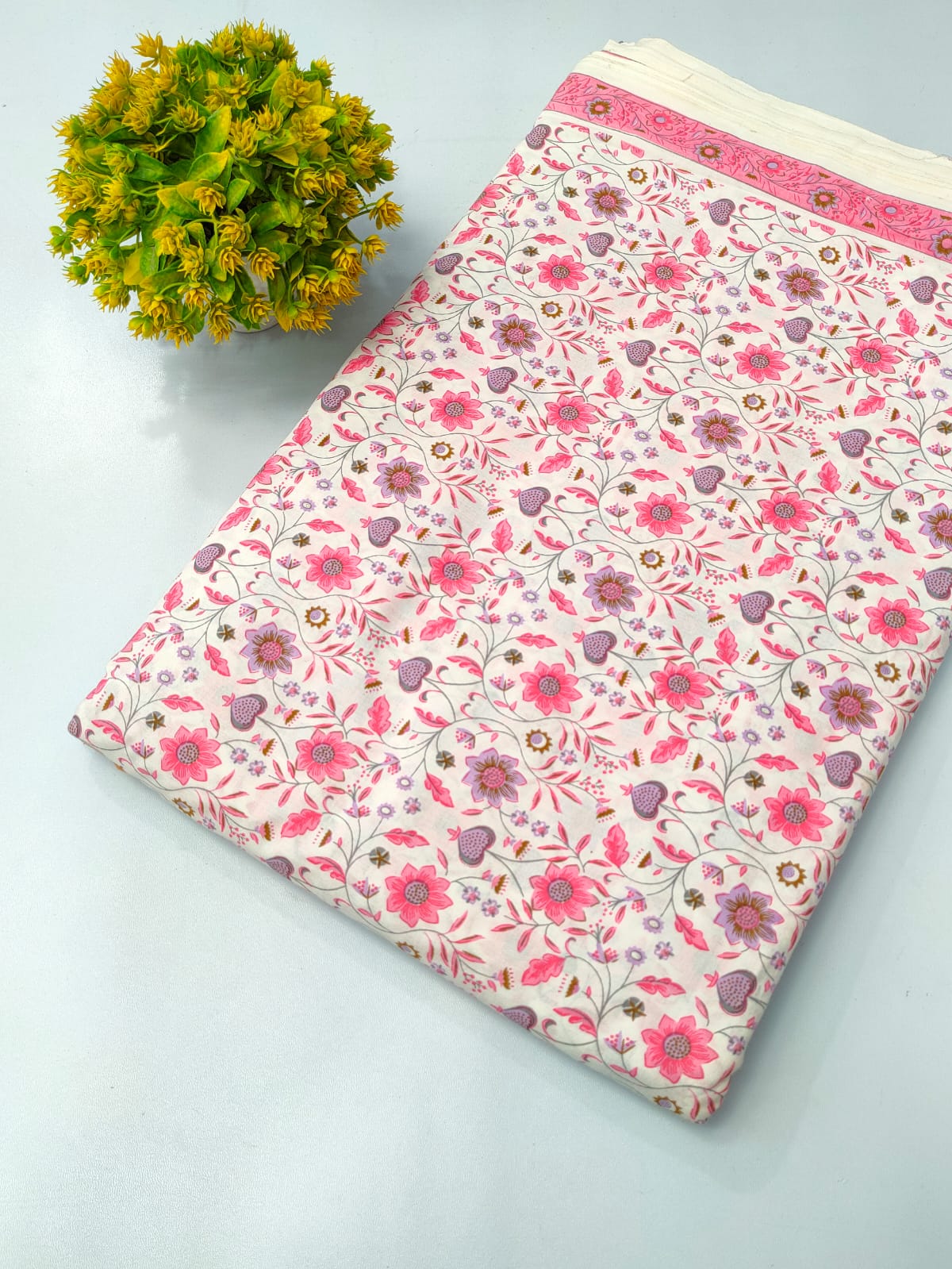 Light Pink Floral Screen Print Pure Cotton Fabric From Tulsi Prints