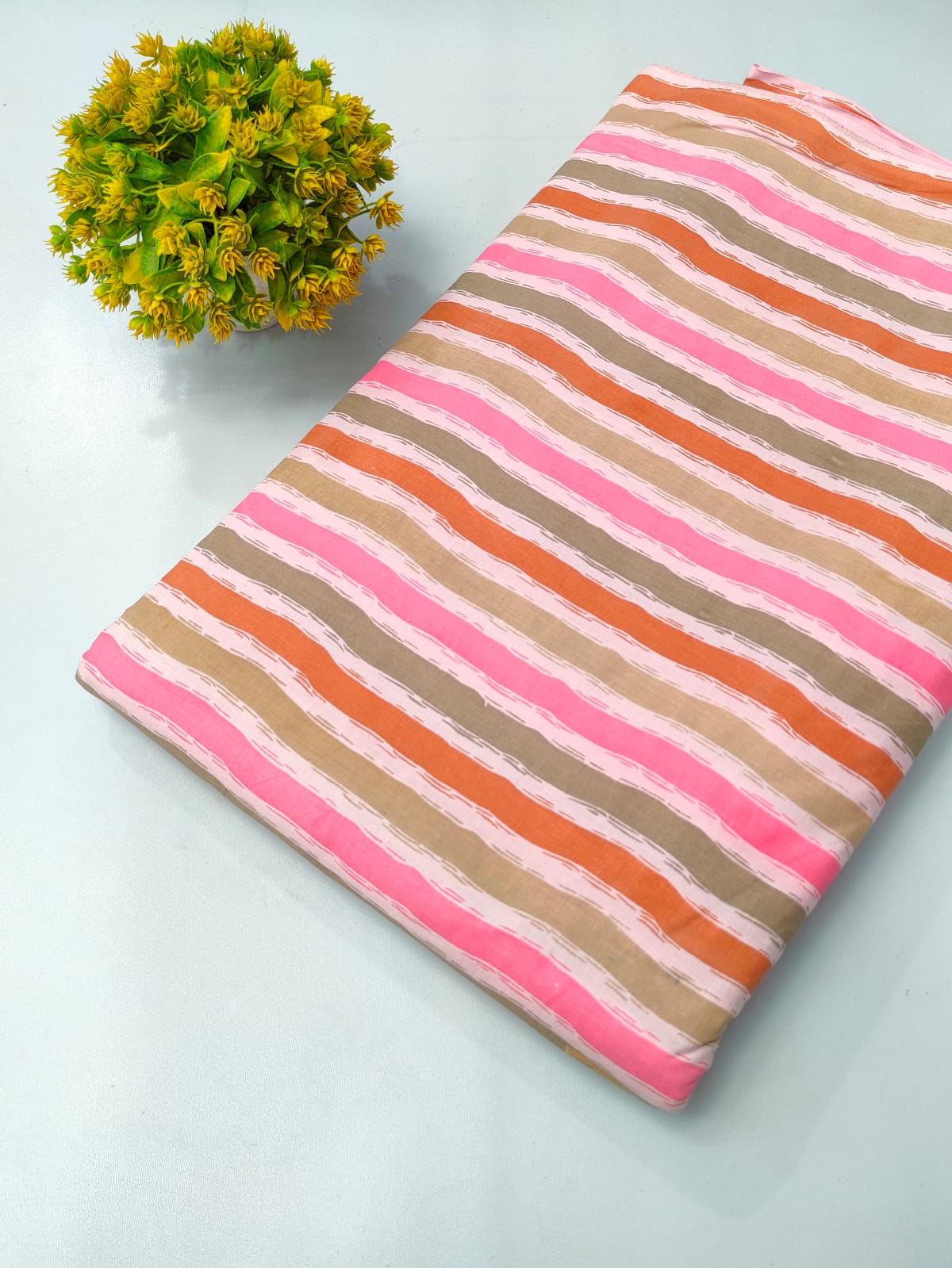 Pink and Brown Striped Screen Print Pure Cotton Fabric From Tulsi Prints