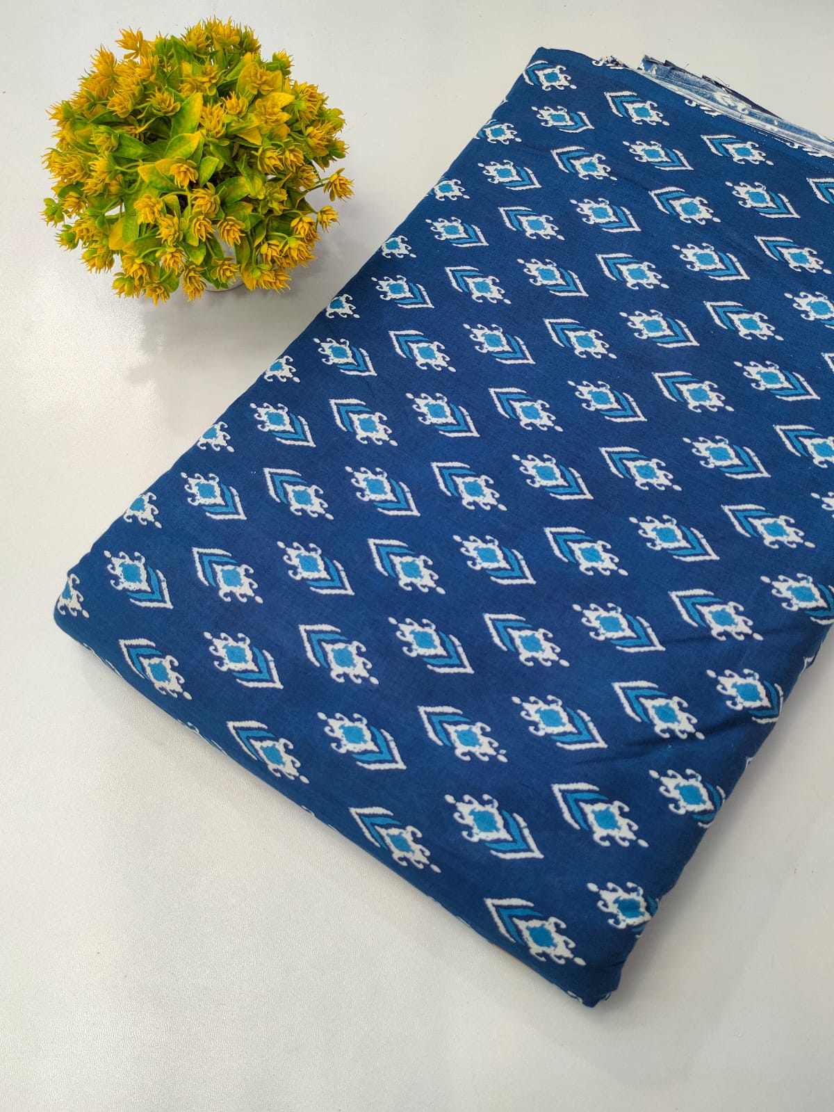 Navy Blue Geometric Screen Print Pure Cotton Fabric From Tulsi Prints