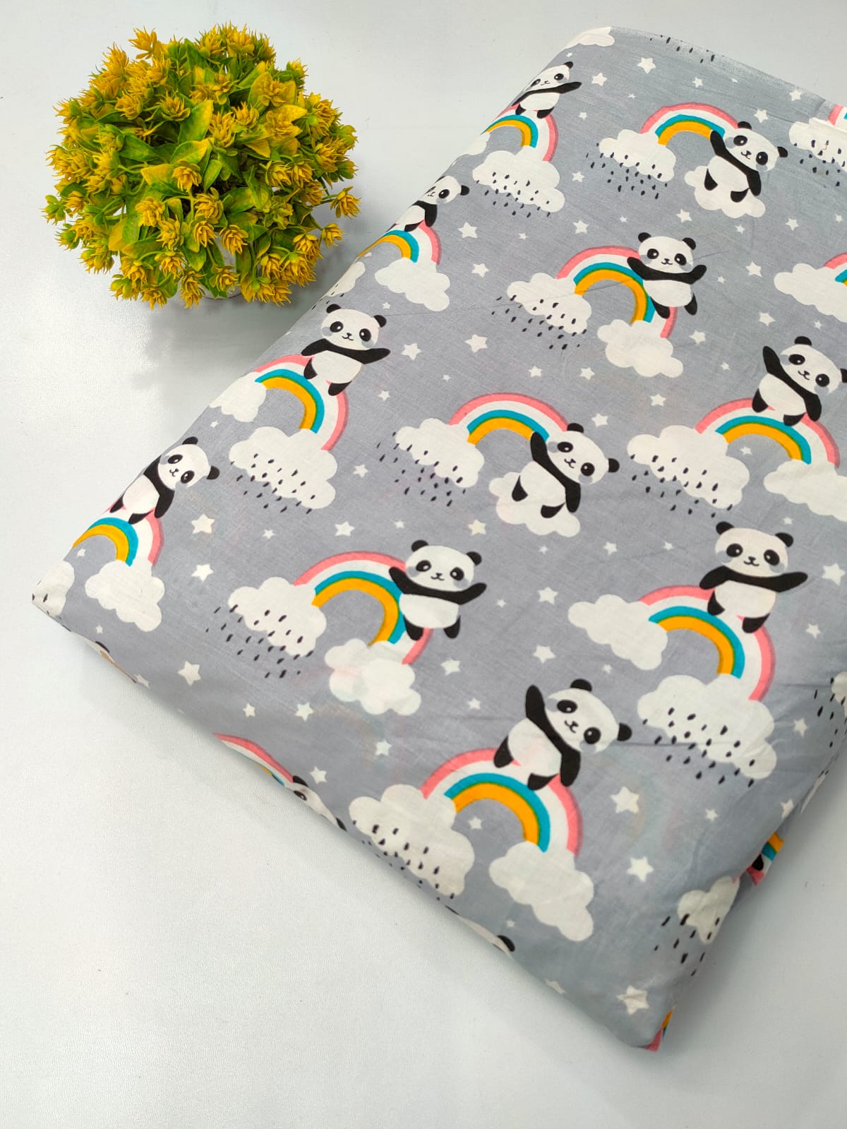 Grey Panda Rainbow Screen Print Pure Cotton Fabric From Tulsi Prints