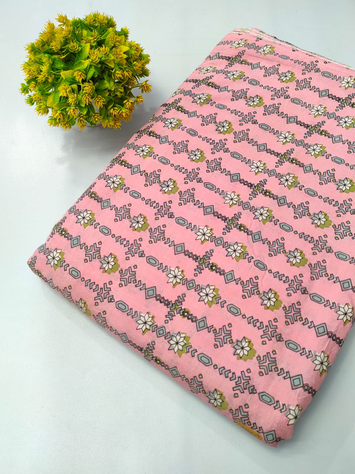 Pink Geometric Floral Screen Print Pure Cotton Fabric From Tulsi Prints