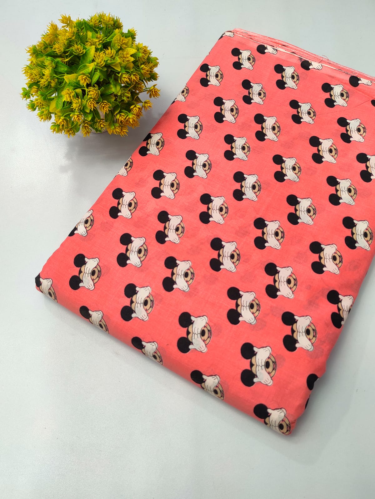 Coral Mickey Mouse Print Screen Print Pure Cotton Fabric From Tulsi Prints
