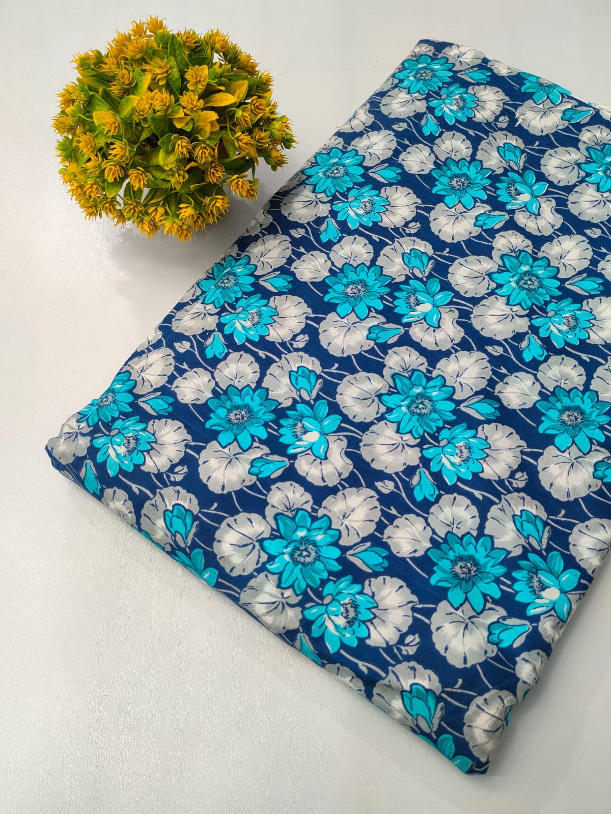 Navy Blue Floral Screen Print Pure Cotton Fabric From Tulsi Prints