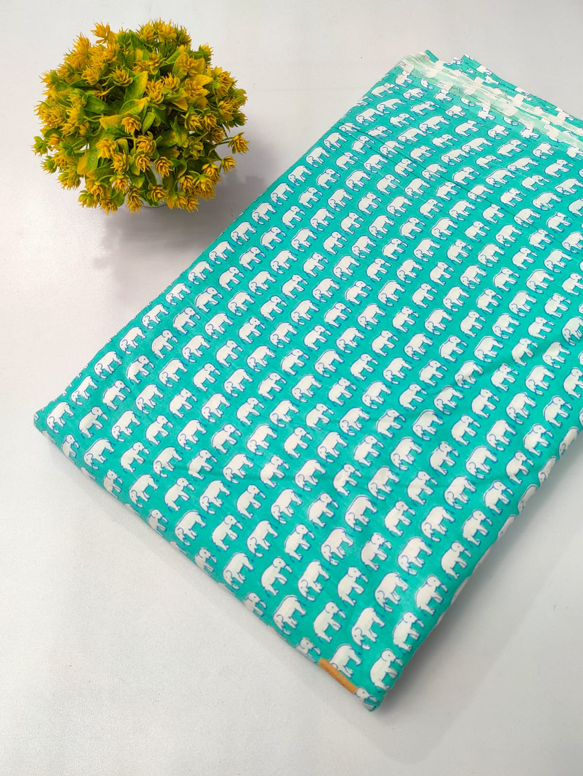 Turquoise Elephant Motif Screen Print Pure Cotton Fabric From Tulsi Prints