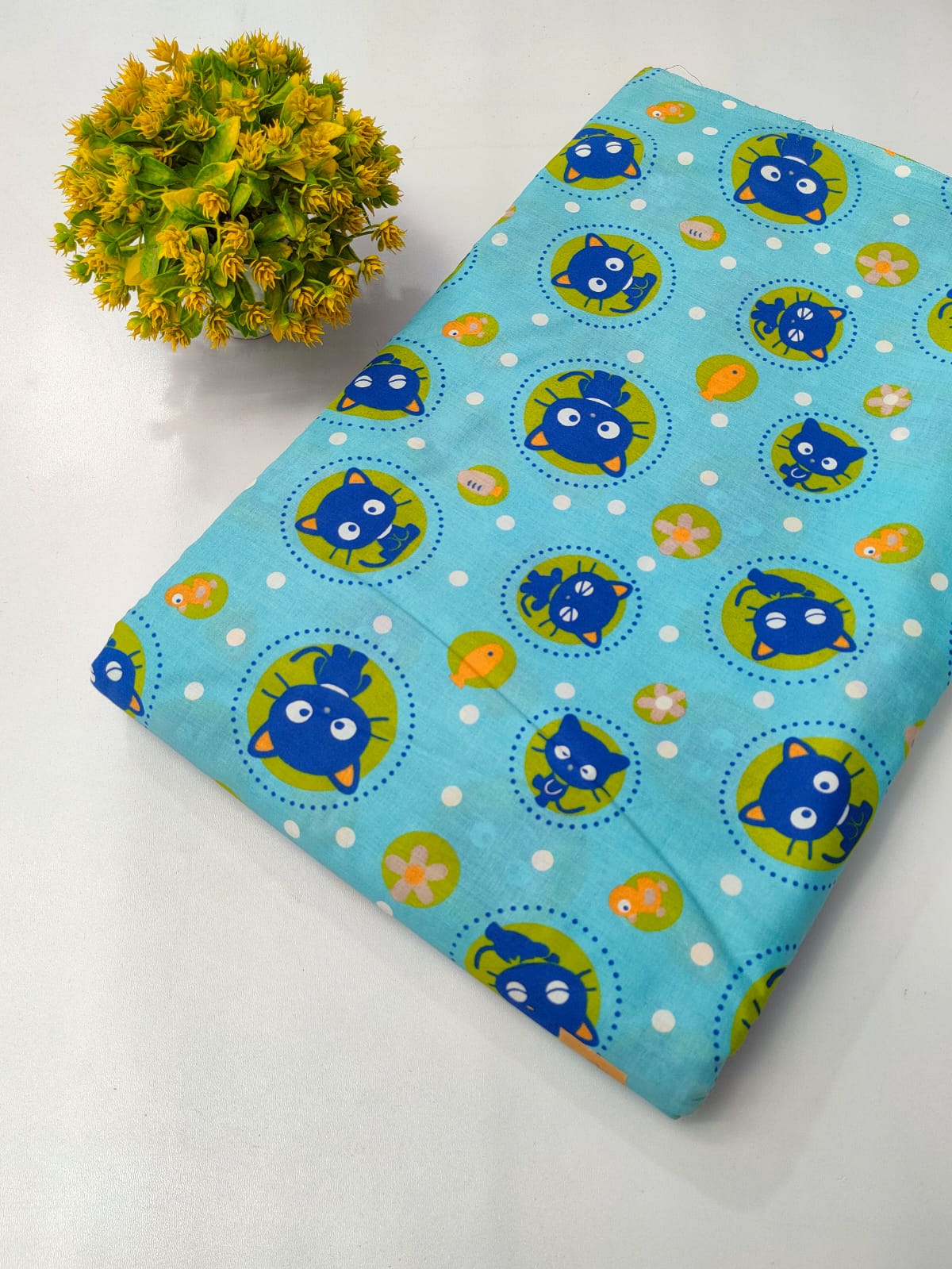 Blue Cat Motif Screen Print Pure Cotton Fabric From Tulsi Prints
