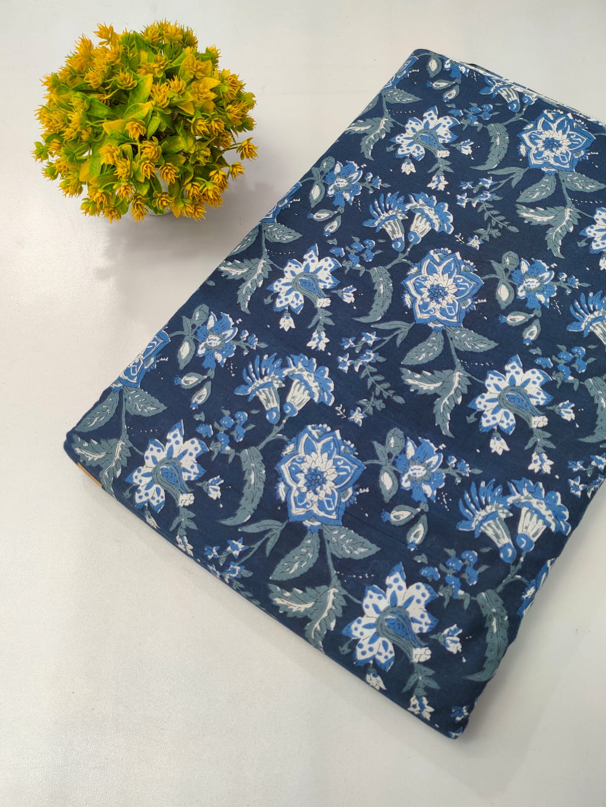 Navy Blue Floral Screen Print Pure Cotton Fabric From Tulsi Prints