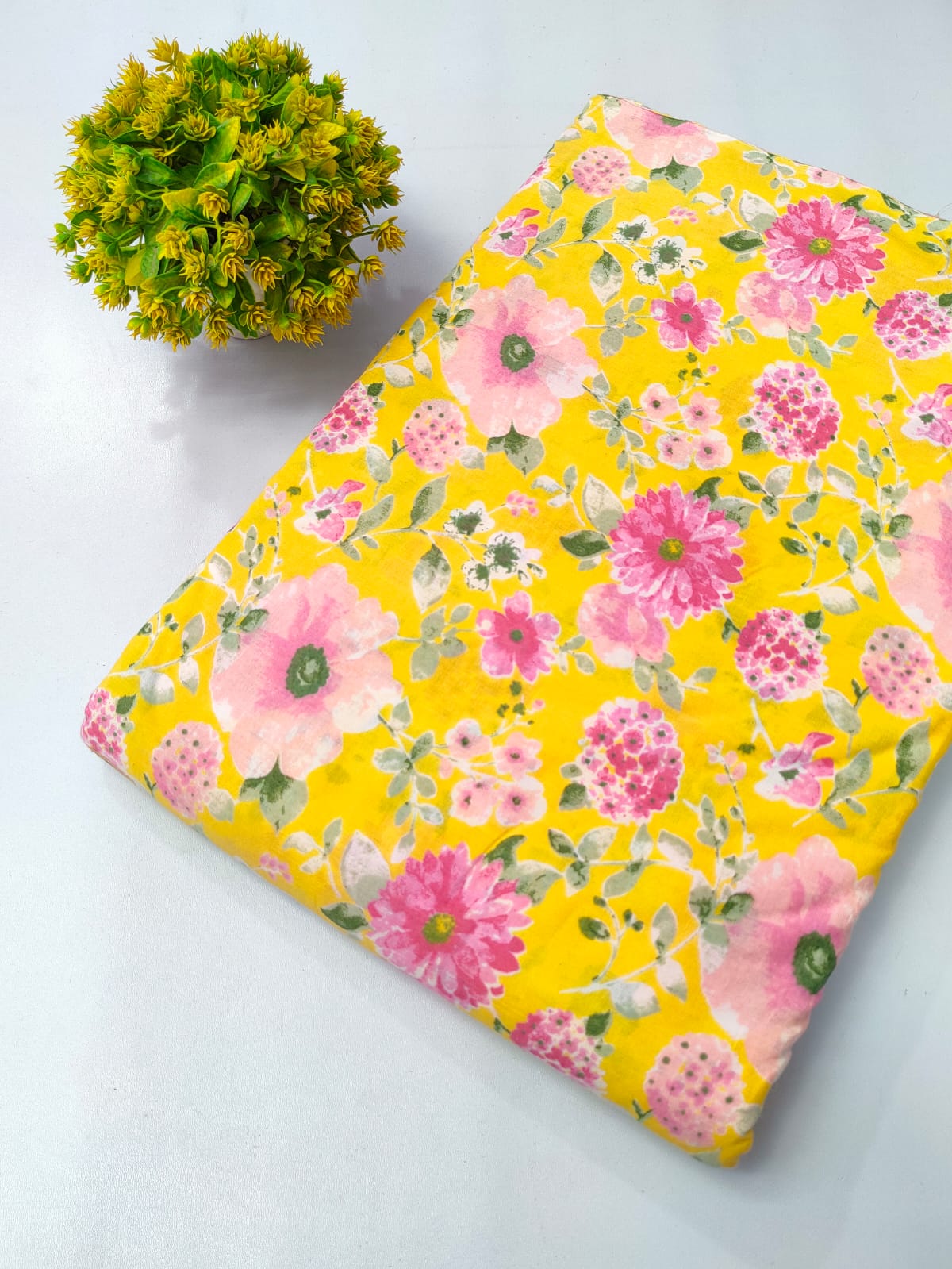 Yellow Floral Screen Print Pure Cotton Fabric From Tulsi Prints
