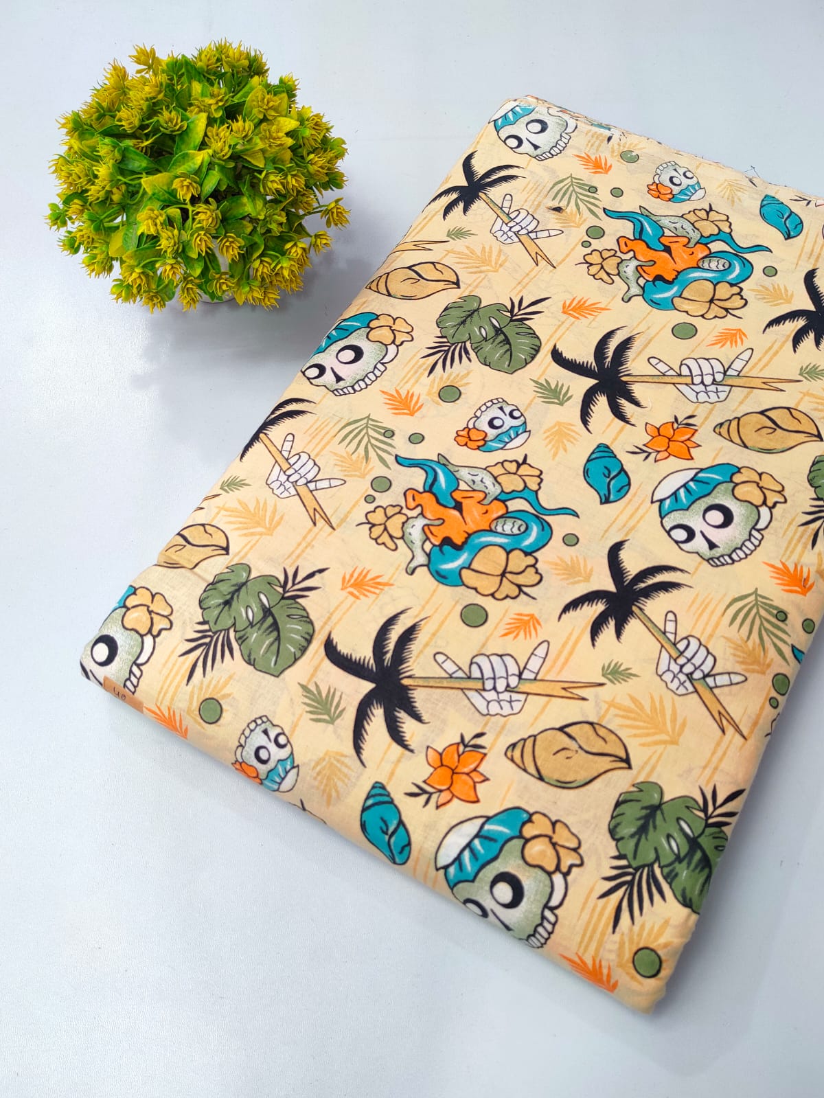 Beige Tropical Skull Motif Screen Print Pure Cotton Fabric From Tulsi Prints
