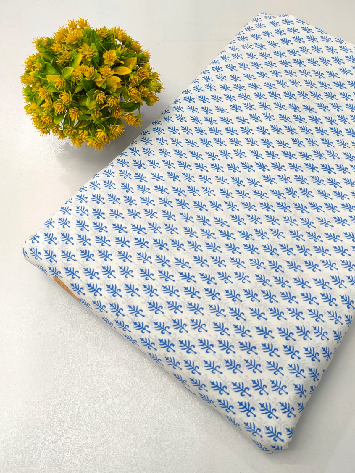 White Blue Floral Screen Print Pure Cotton Fabric From Tulsi Prints