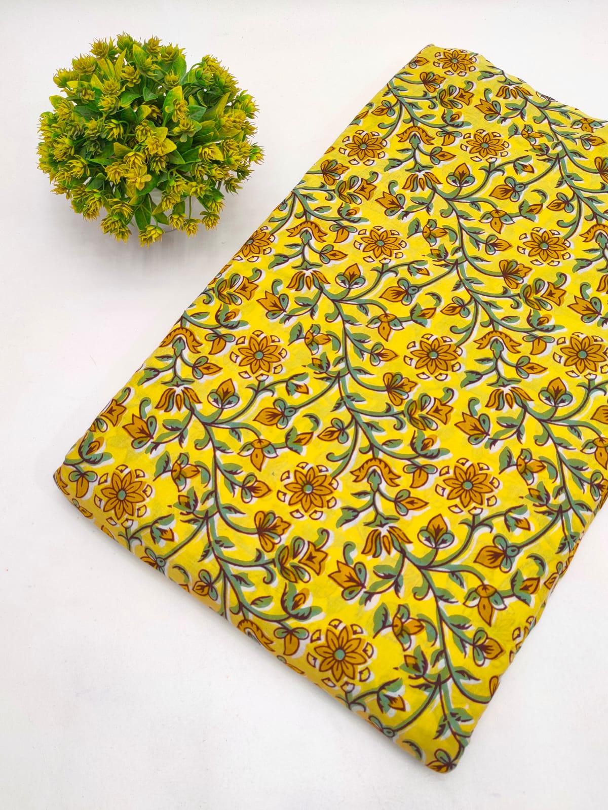 Yellow Floral Vine Screen Print Pure Cotton Fabric From Tulsi Prints