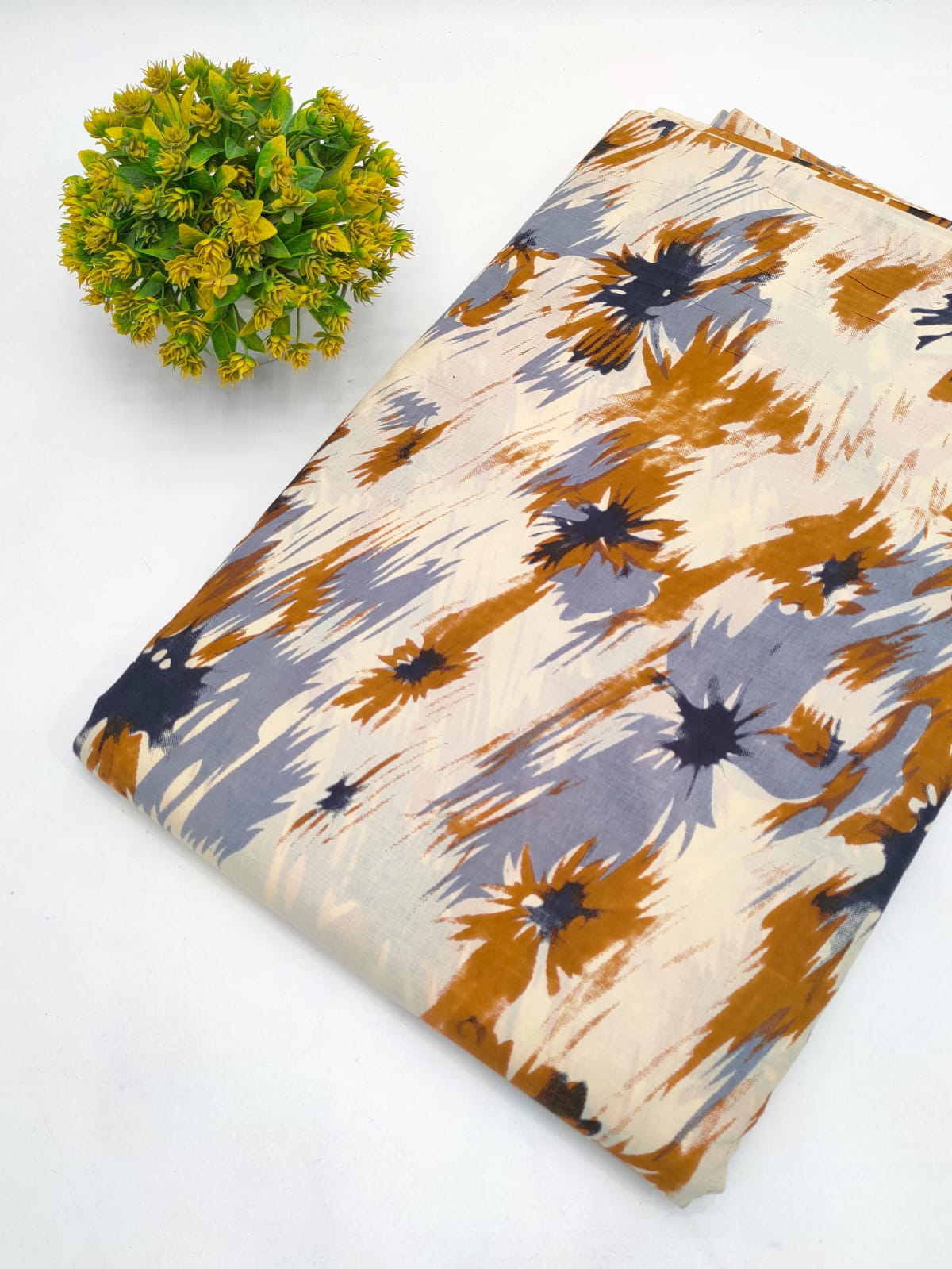 Beige Abstract Floral Screen Print Pure Cotton Fabric From Tulsi Prints