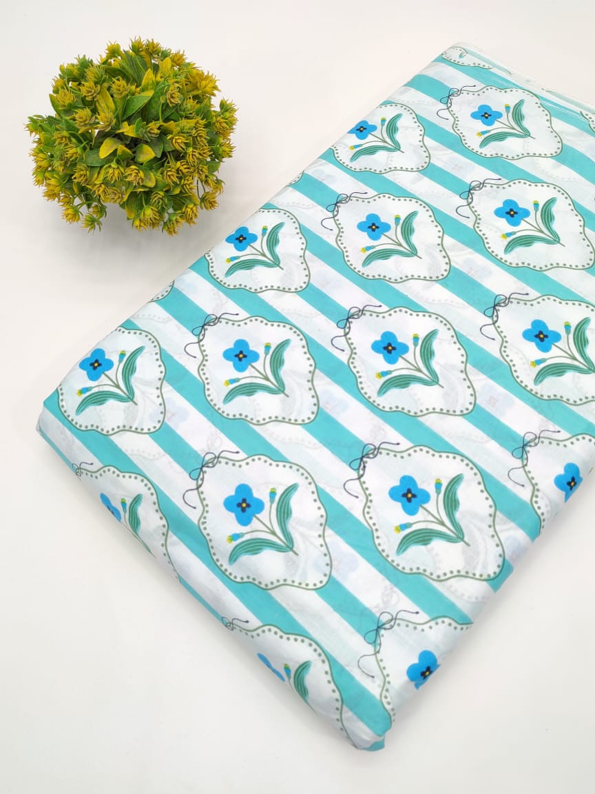 Turquoise Floral Stripe Screen Print Pure Cotton Fabric From Tulsi Prints