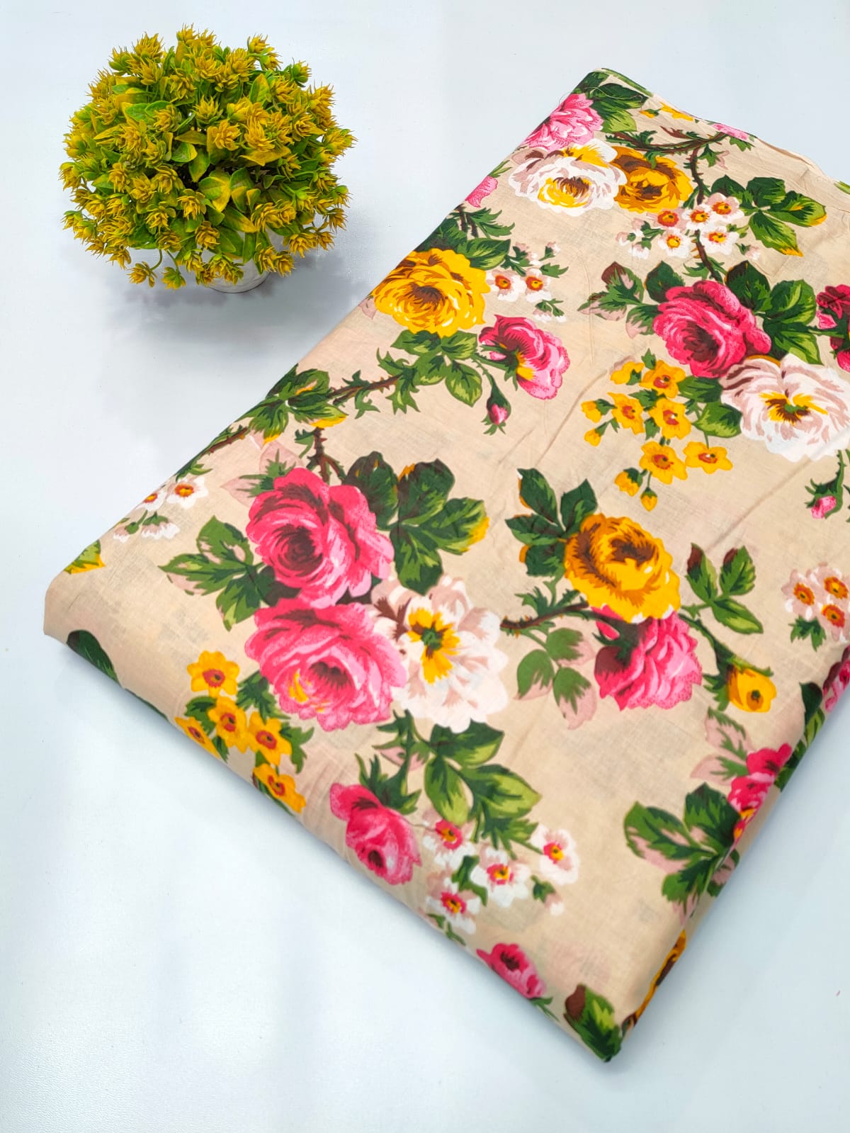 Close-up of Beige Floral Screen Print Pure Cotton Fabric from Tulsi Prints