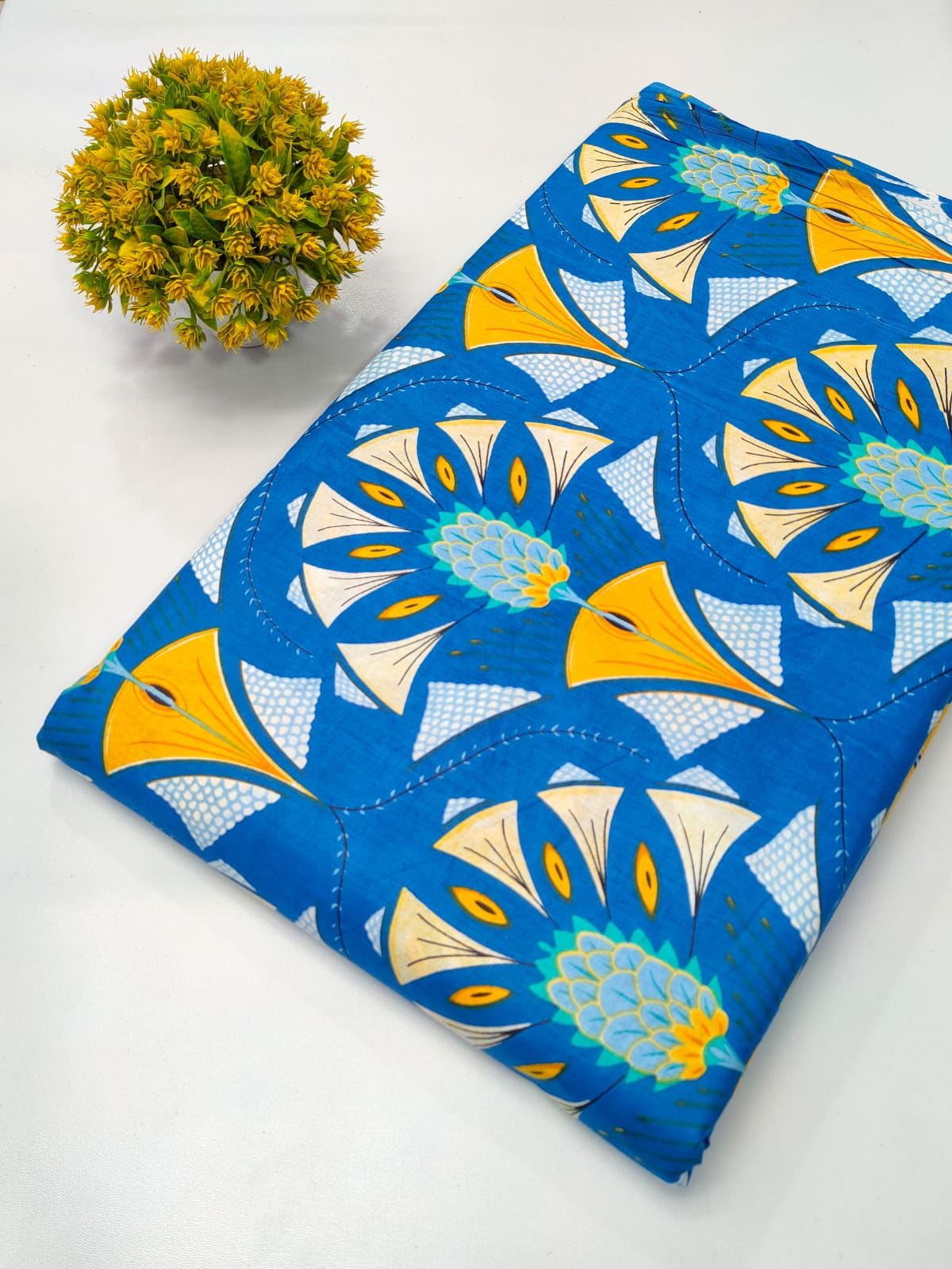 Close-up of Blue Floral Screen Print Pure Cotton Fabric from Tulsi Prints