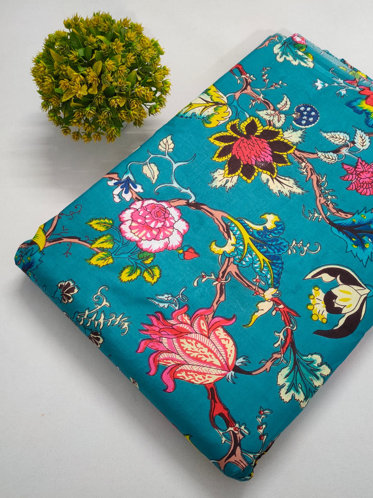 Turquoise Floral Screen Print Pure Cotton Fabric From Tulsi Prints