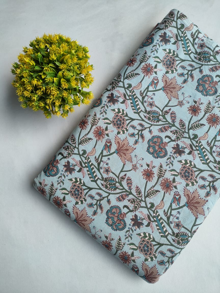 Sky Blue Floral Screen Print Pure Cotton Fabric From Tulsi Prints