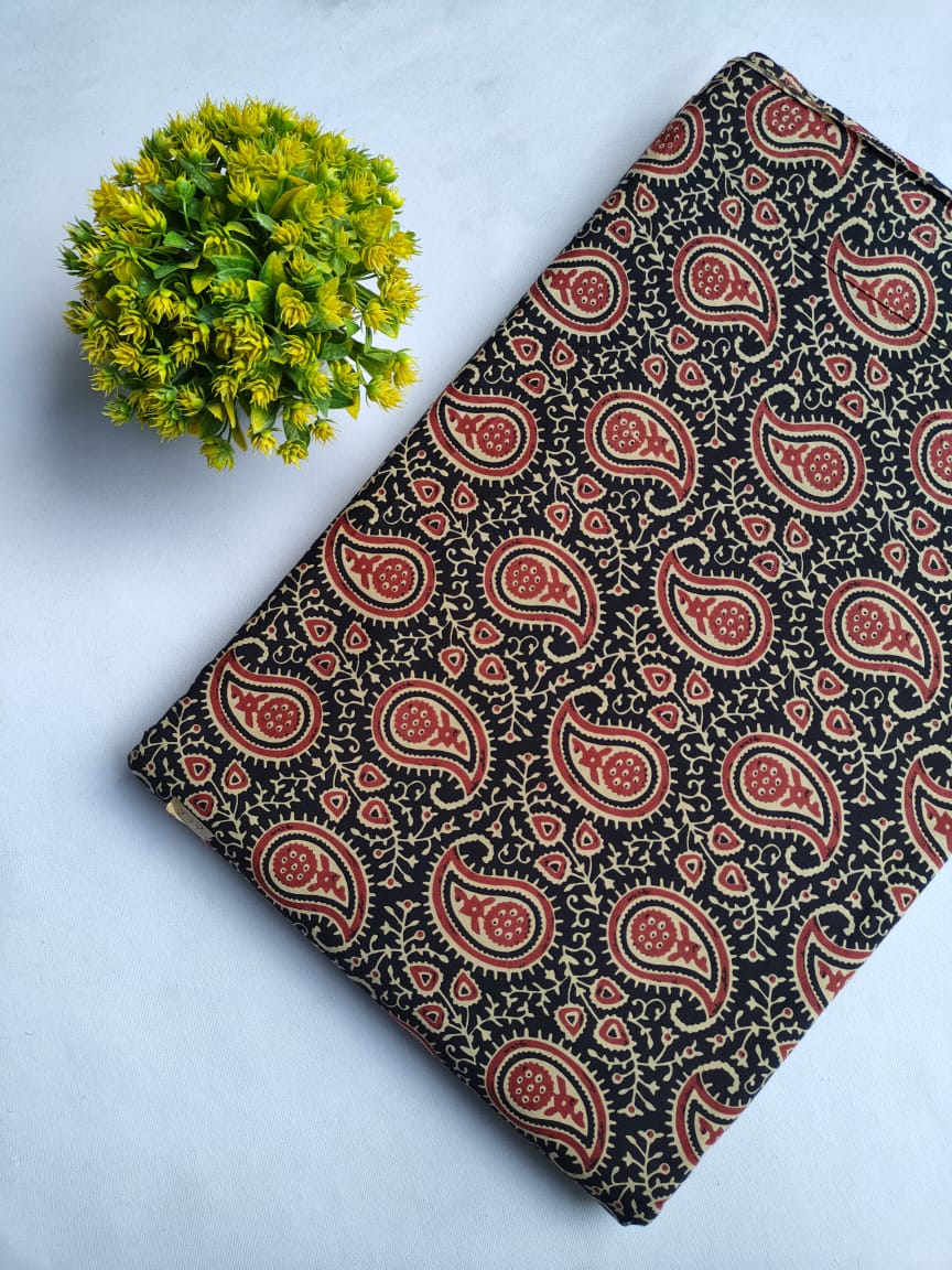 Black Paisley Screen Print Pure Cotton Fabric From Tulsi Prints