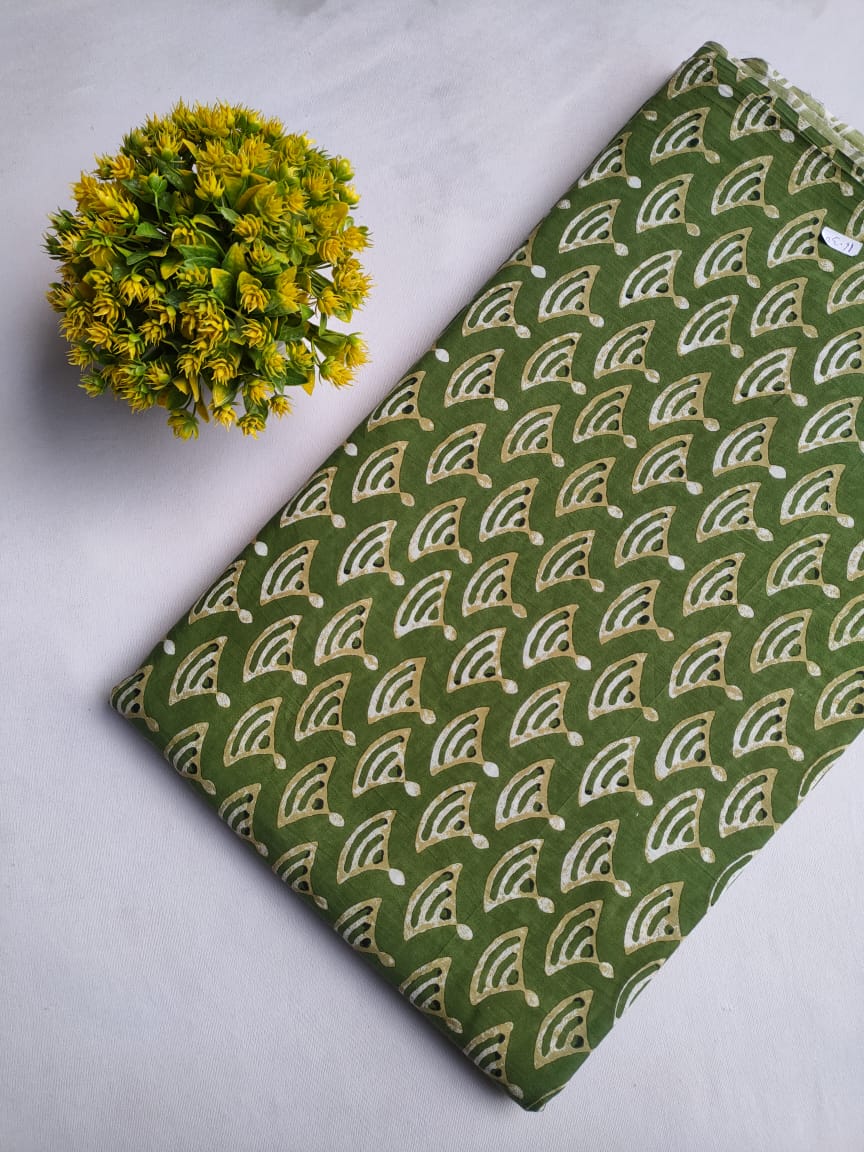 Green Geometric Screen Print Pure Cotton Fabric From Tulsi Prints