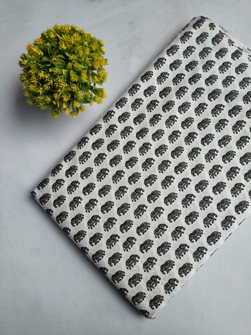 White Elephant Motif Screen Print Pure Cotton Fabric From Tulsi Prints