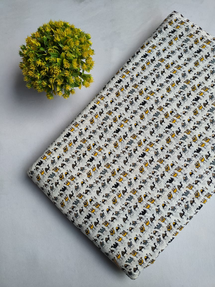 White Animal Motif Screen Print Pure Cotton Fabric From Tulsi Prints