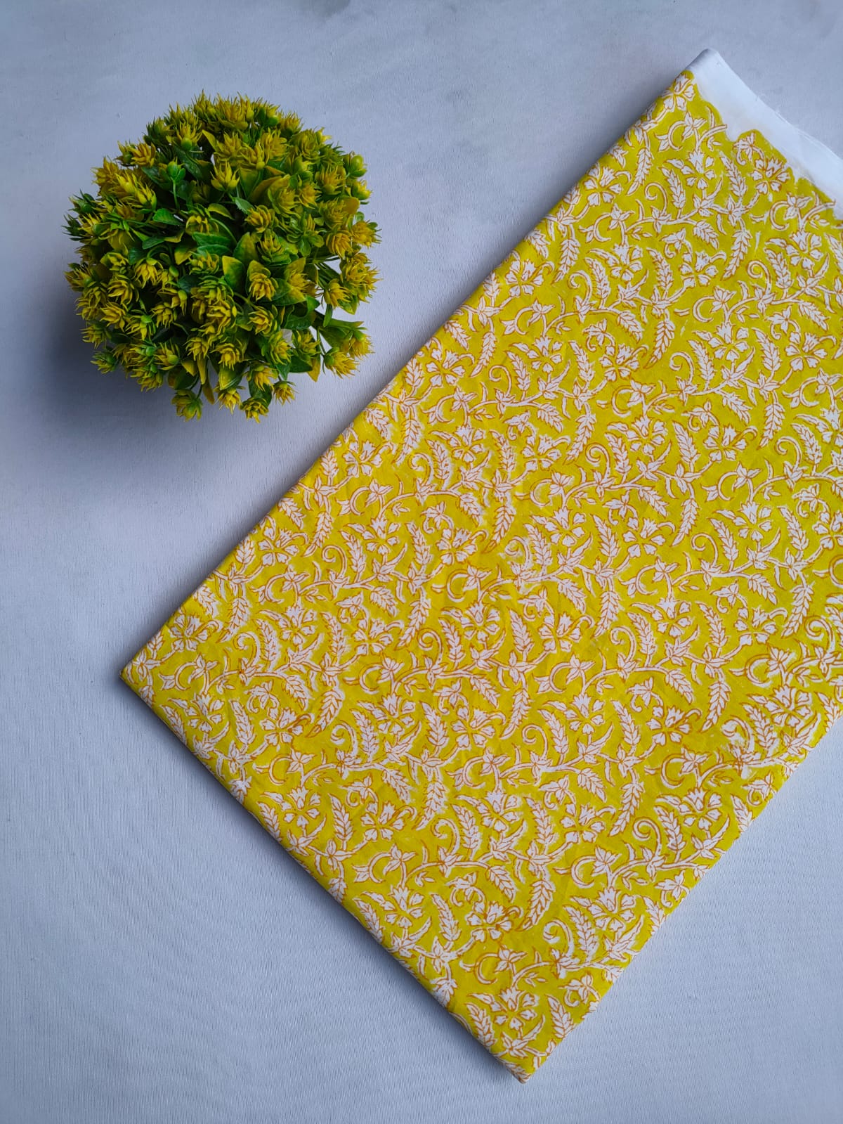 Yellow Floral Vine Sanganeri Block Print Pure Cotton Fabric From Tulsi Prints