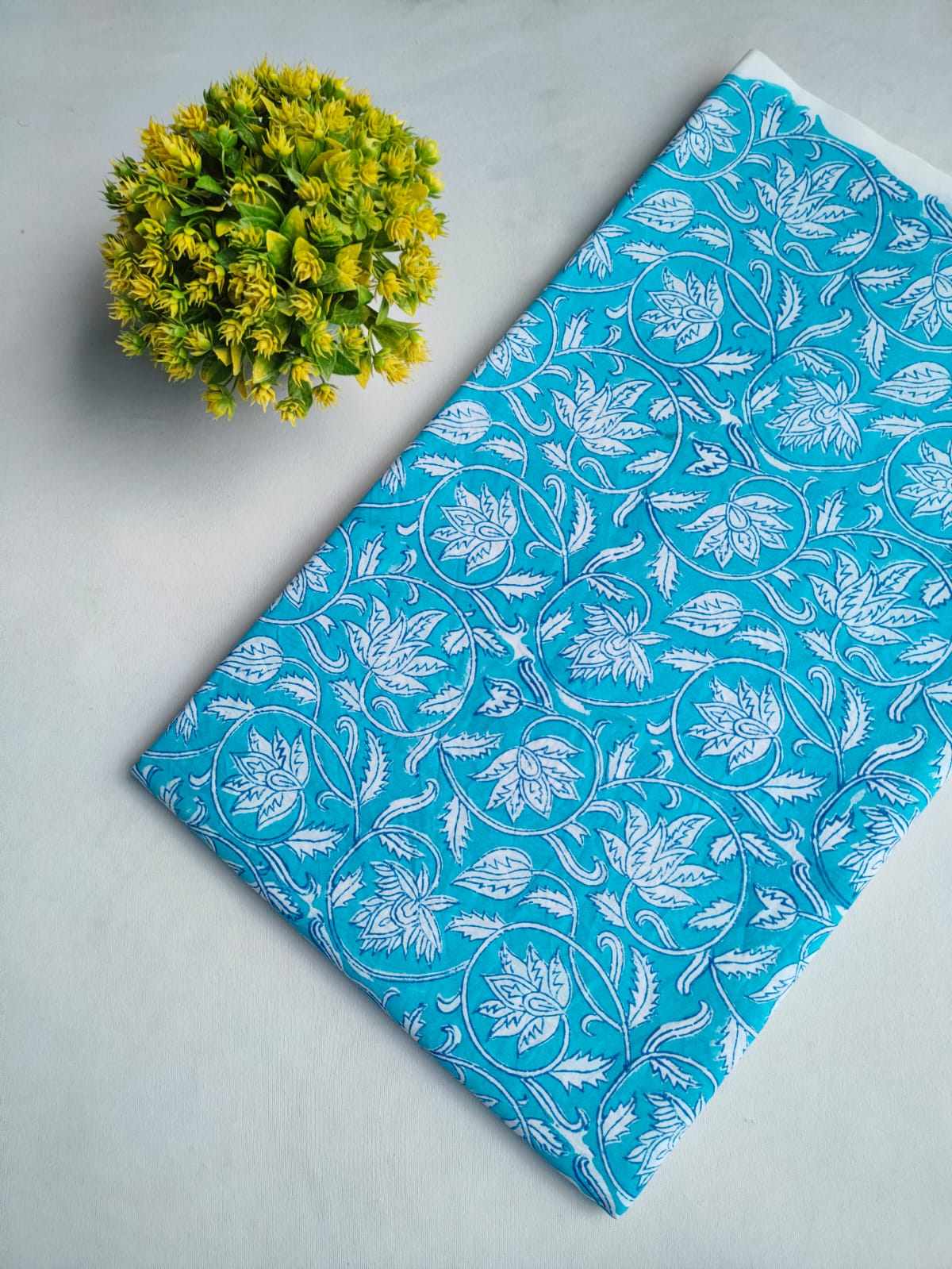 Bright Blue Floral Vine Sanganeri Hand Block Print Pure Cotton Fabric From Tulsi Prints