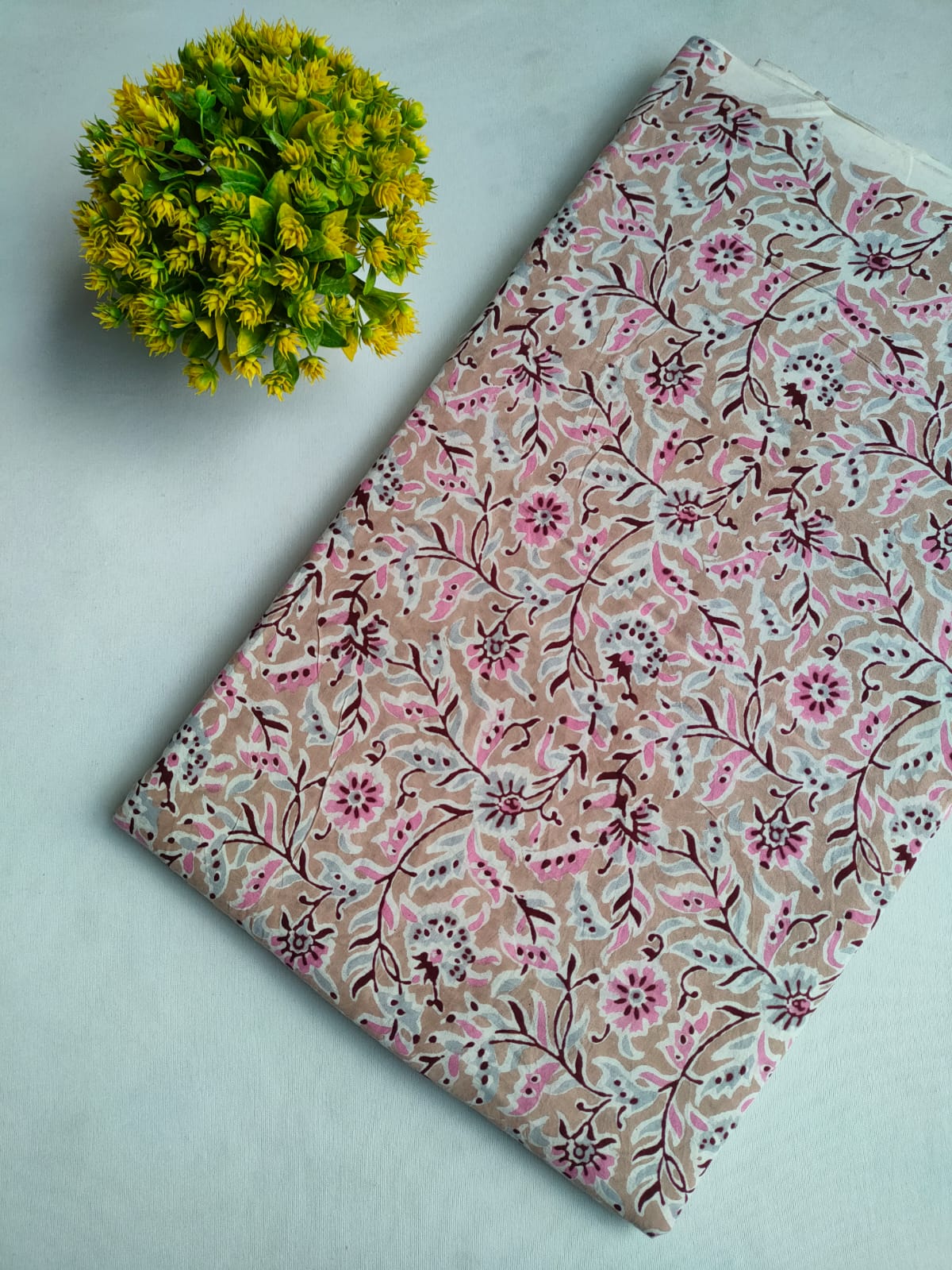 Beige Floral Vine Sanganeri Hand Block Print Pure Cotton Fabric From Tulsi Prints