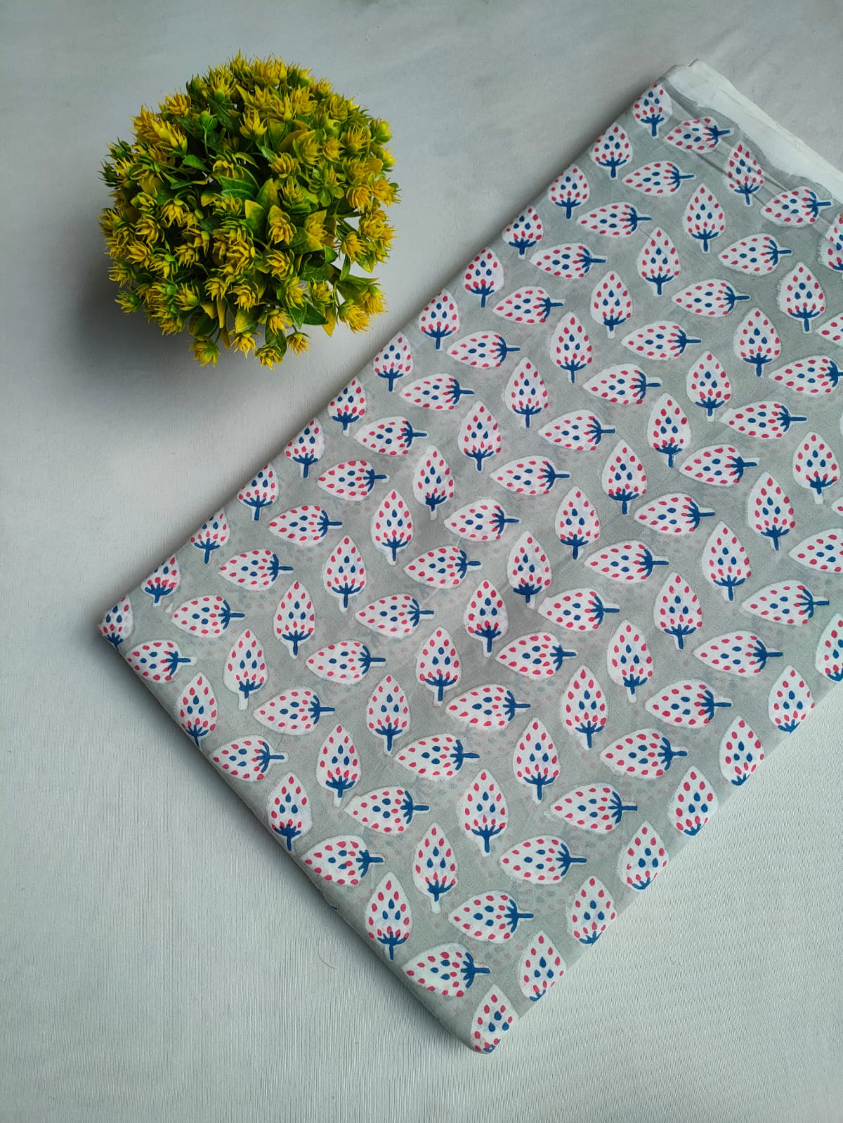 Grey Botanical Leaf Jaipuri Hand Block Print Pure Cotton Fabric From Tulsi Prints