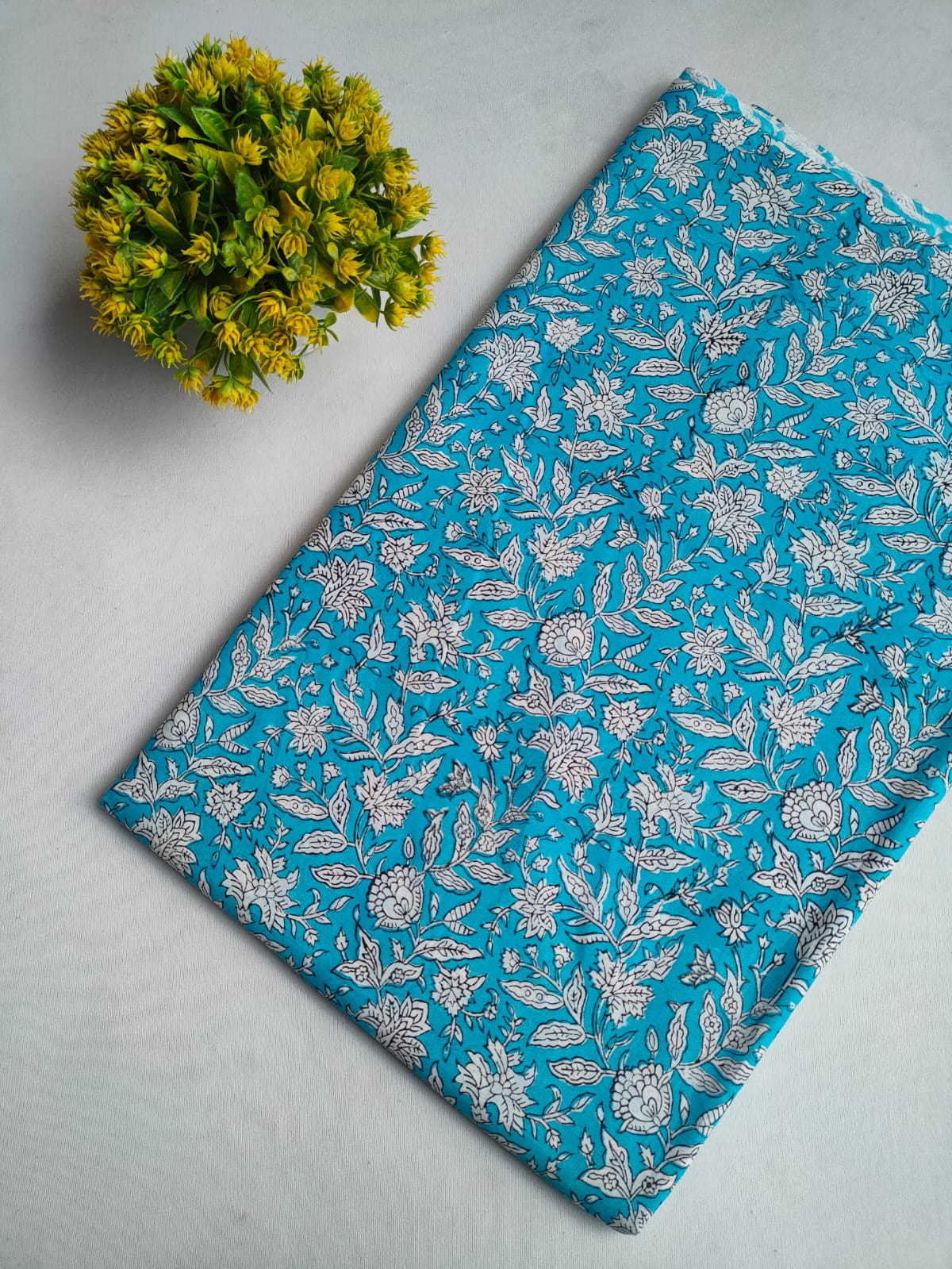 Turquoise Blue Floral Vine Jaipuri Hand Block Print Pure Cotton Fabric From Tulsi Prints