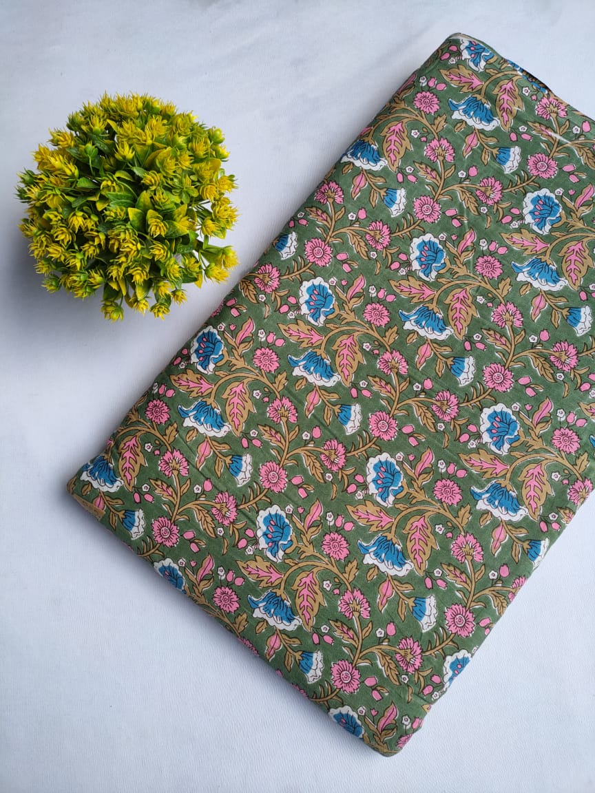 Green Floral Screen Print Pure Cotton Fabric From Tulsi Prints