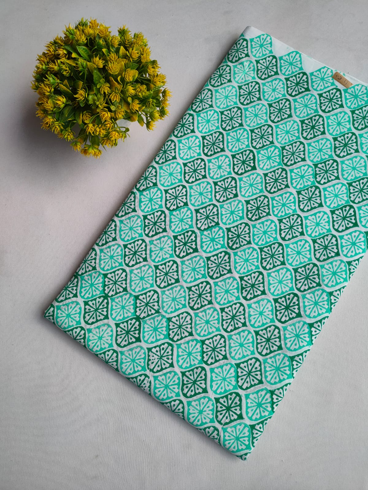 Mint Green Geometric Sanganeri Hand Block Print Pure Cotton Fabric From Tulsi Prints