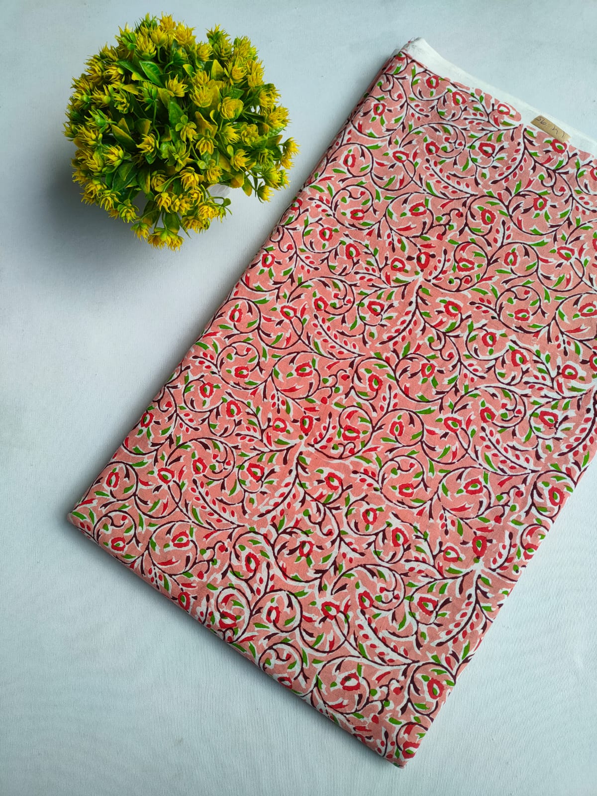 Peach Floral Vine Jaipuri Hand Block Print Pure Cotton Fabric From Tulsi Prints