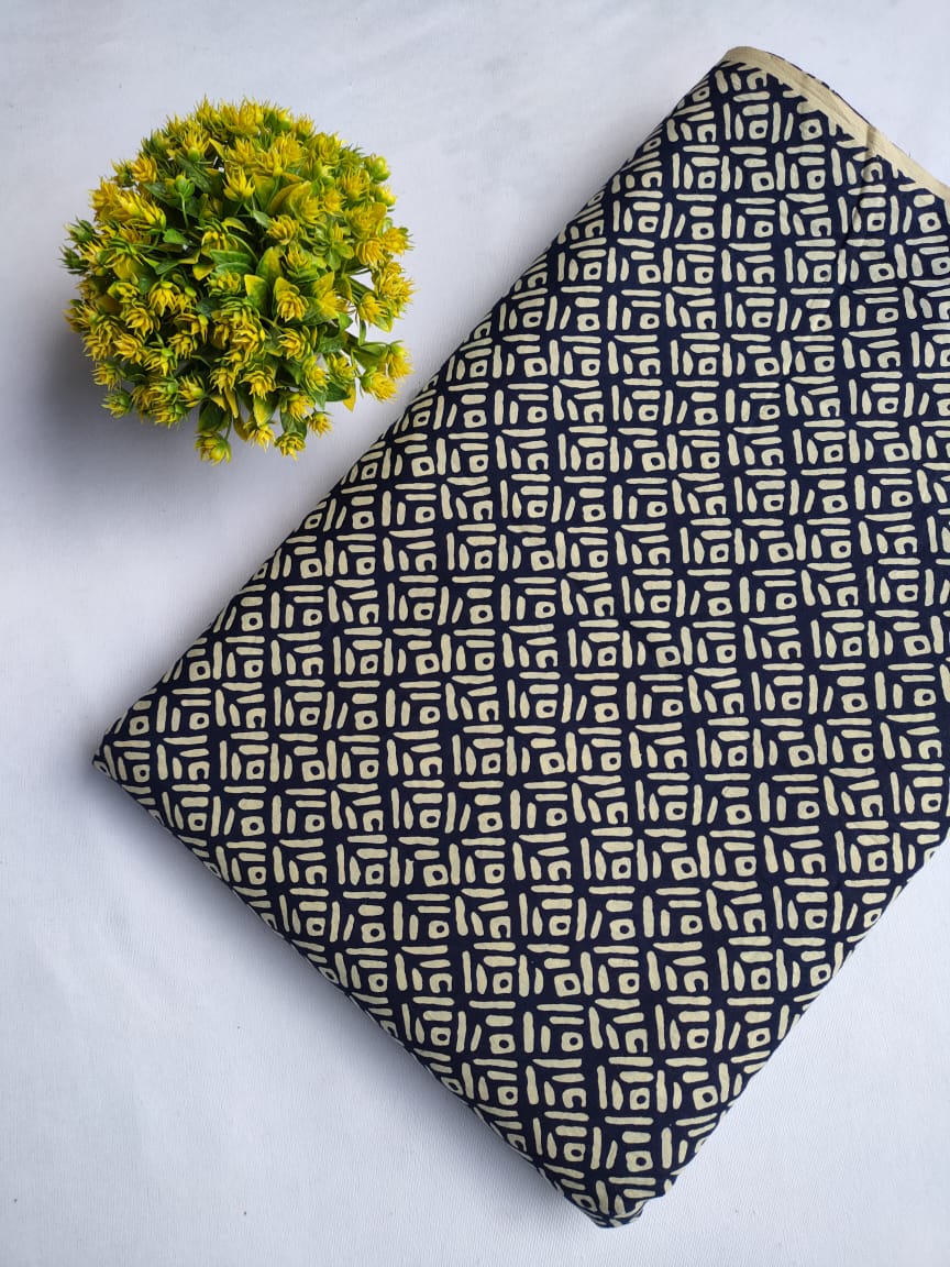 Navy Blue Geometric Screen Print Pure Cotton Fabric From Tulsi Prints