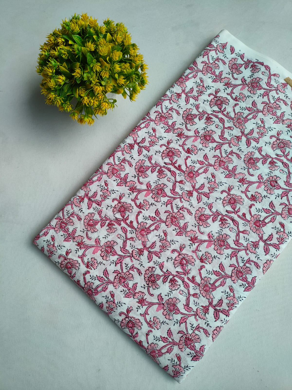 White Pink Floral Vine Sanganeri Hand Block Print Pure Cotton Fabric From Tulsi Prints